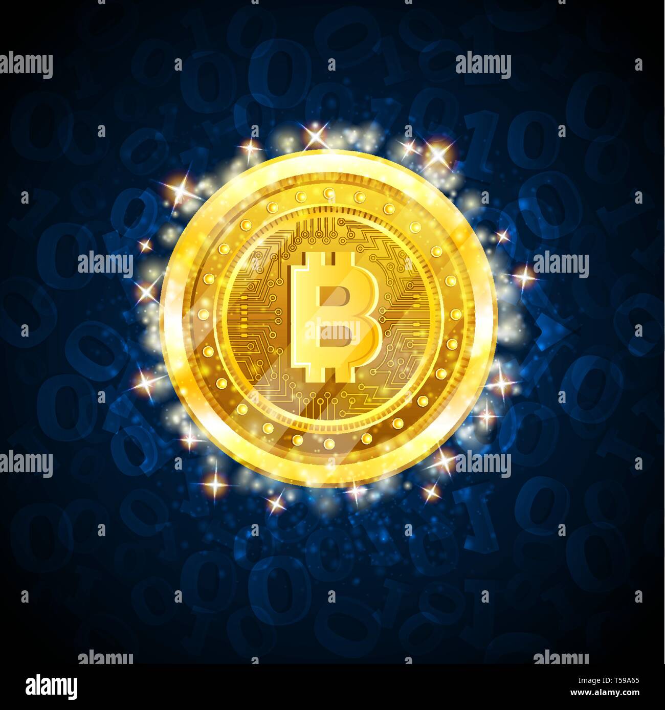 Golden bit coin in the center of blue background with binary code Stock ...