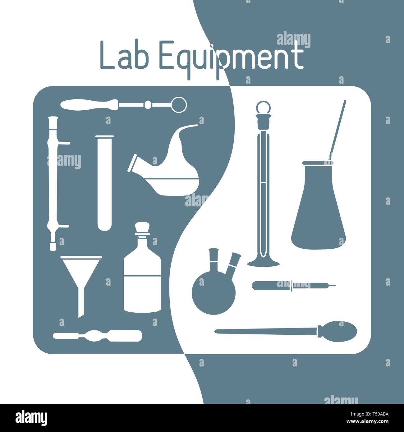 Vector science illustration with flasks, test tubes, funnel, tools ...