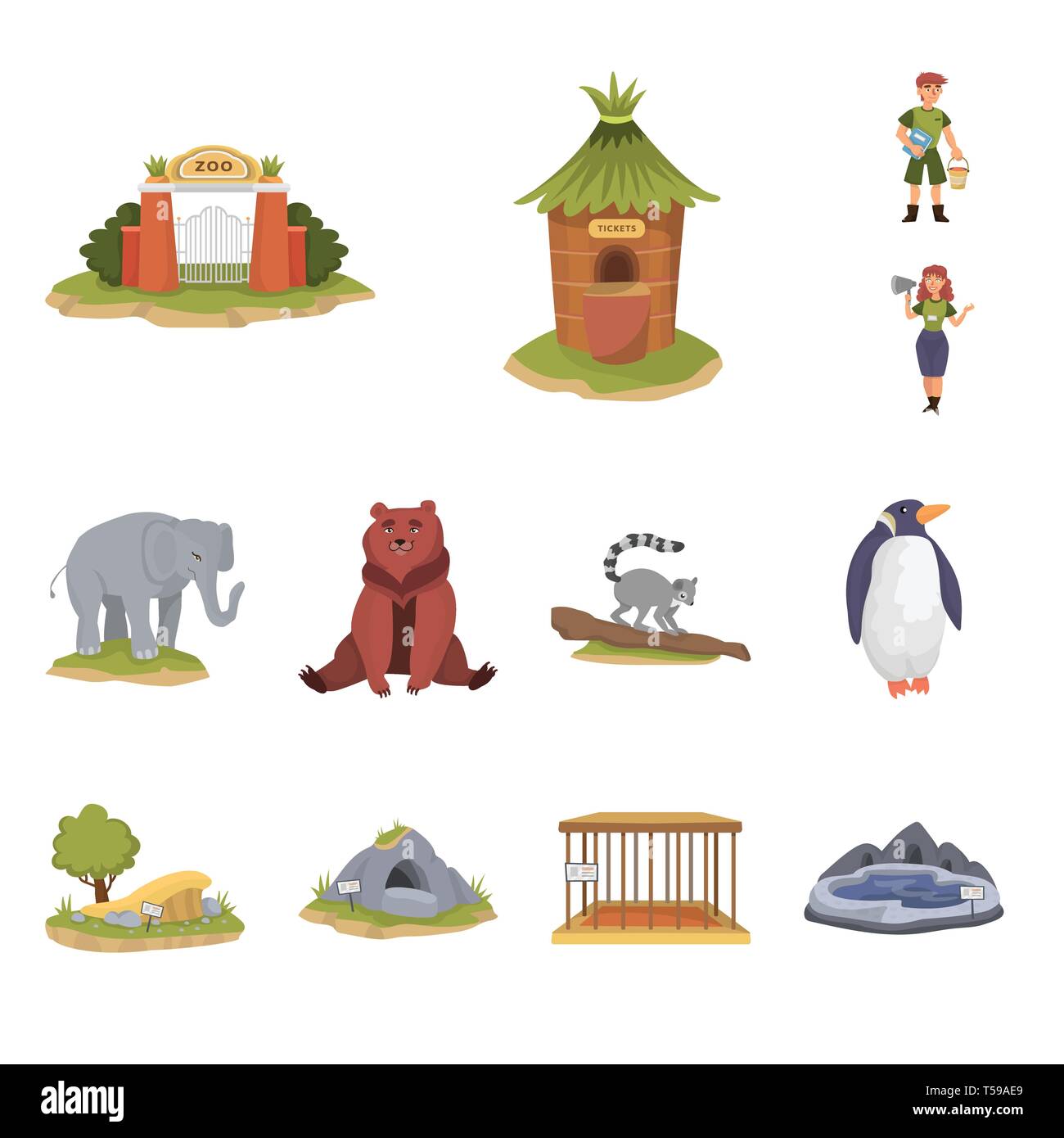 gate,window,zookeeper,elephant,bear,lemur,penguin,trees,cave,cell,lake,arch,counter,man,woman,cute,brown,monkey,white,sand,empty,pool,brick,service,worker,megaphone,nursery,Africa,zoo,park,safari,animal,forest,nature,fun,flora,fauna,entertainment,set,vector,icon,illustration,isolated,collection,design,element,graphic,sign,cartoon,color Vector Vectors , Stock Vector