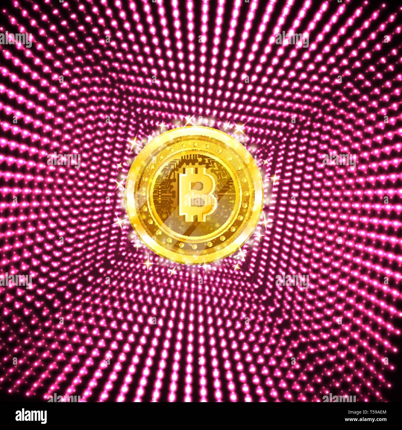 Golden bit coin in the center of purple square tunnel from shiny dots Stock Vector