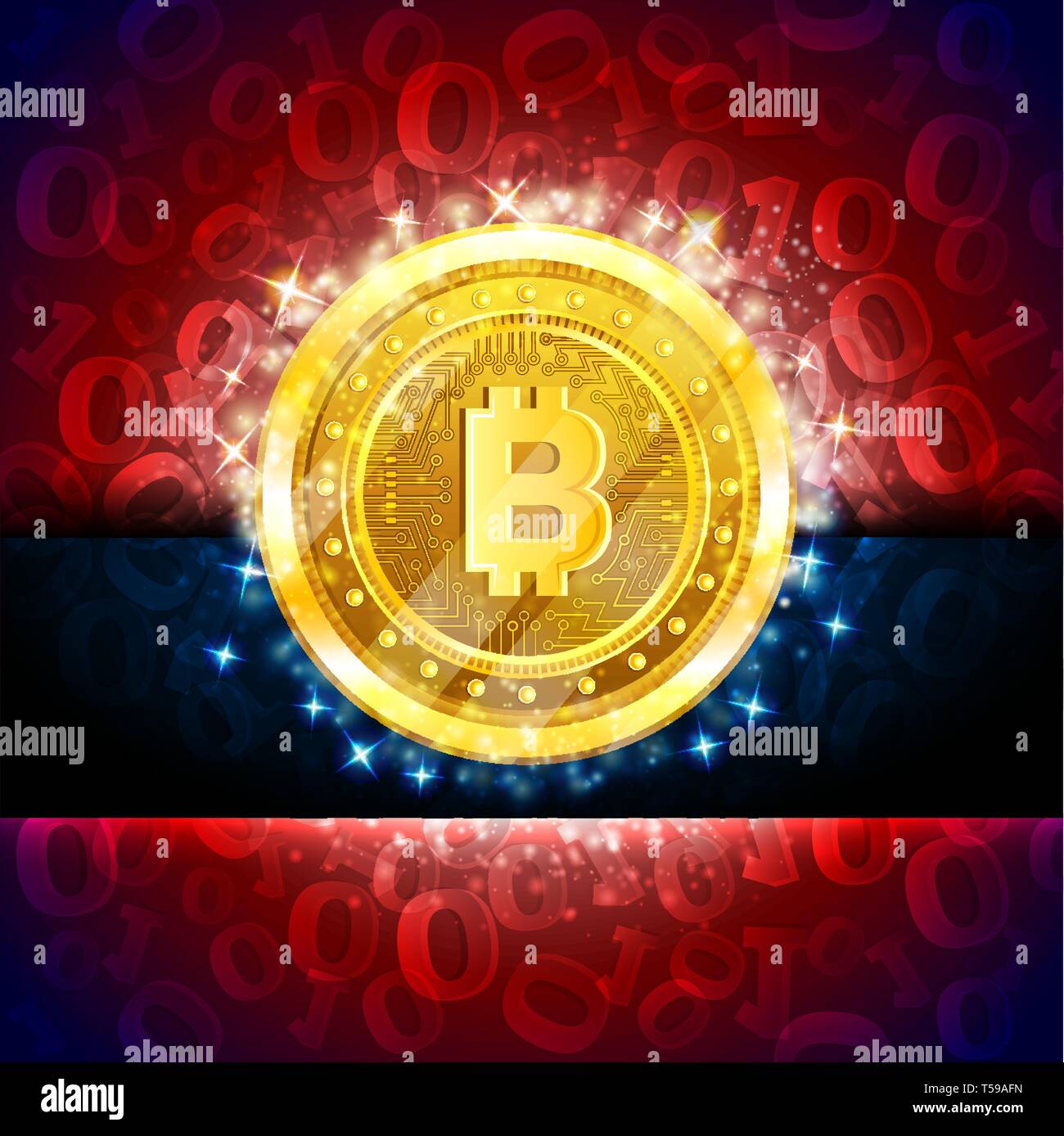 Golden bit coin in the center of red blue background with binary code ...
