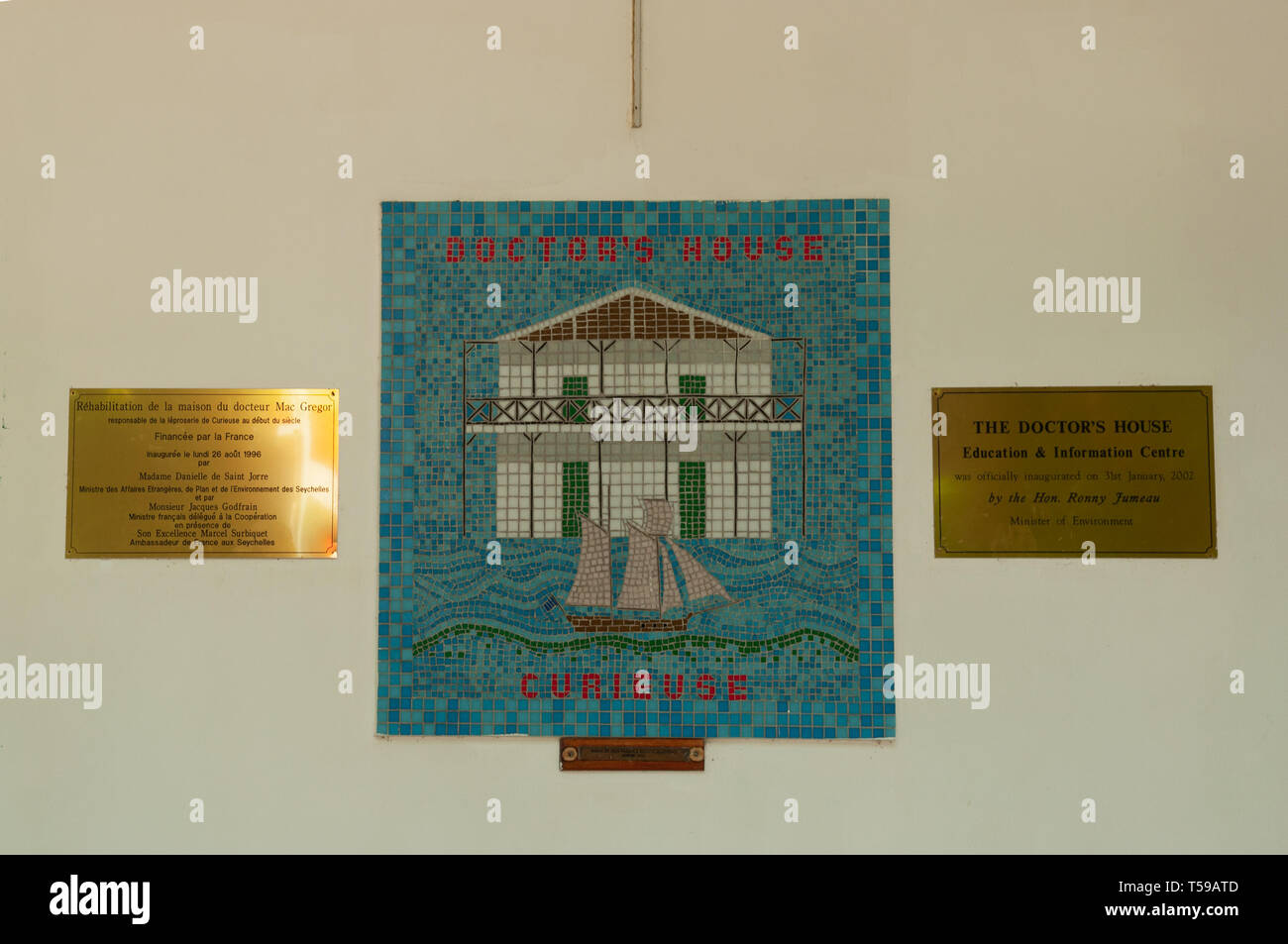 Commemorative plate of the The Doctor's House (now an educational center and museum). Curieuse Island, seychelles Stock Photo
