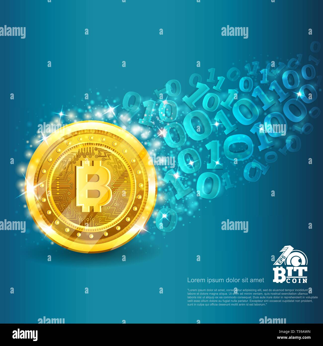 Golden bitcoin with trail from binary code on blue. Abstract vector glossy business background Stock Vector