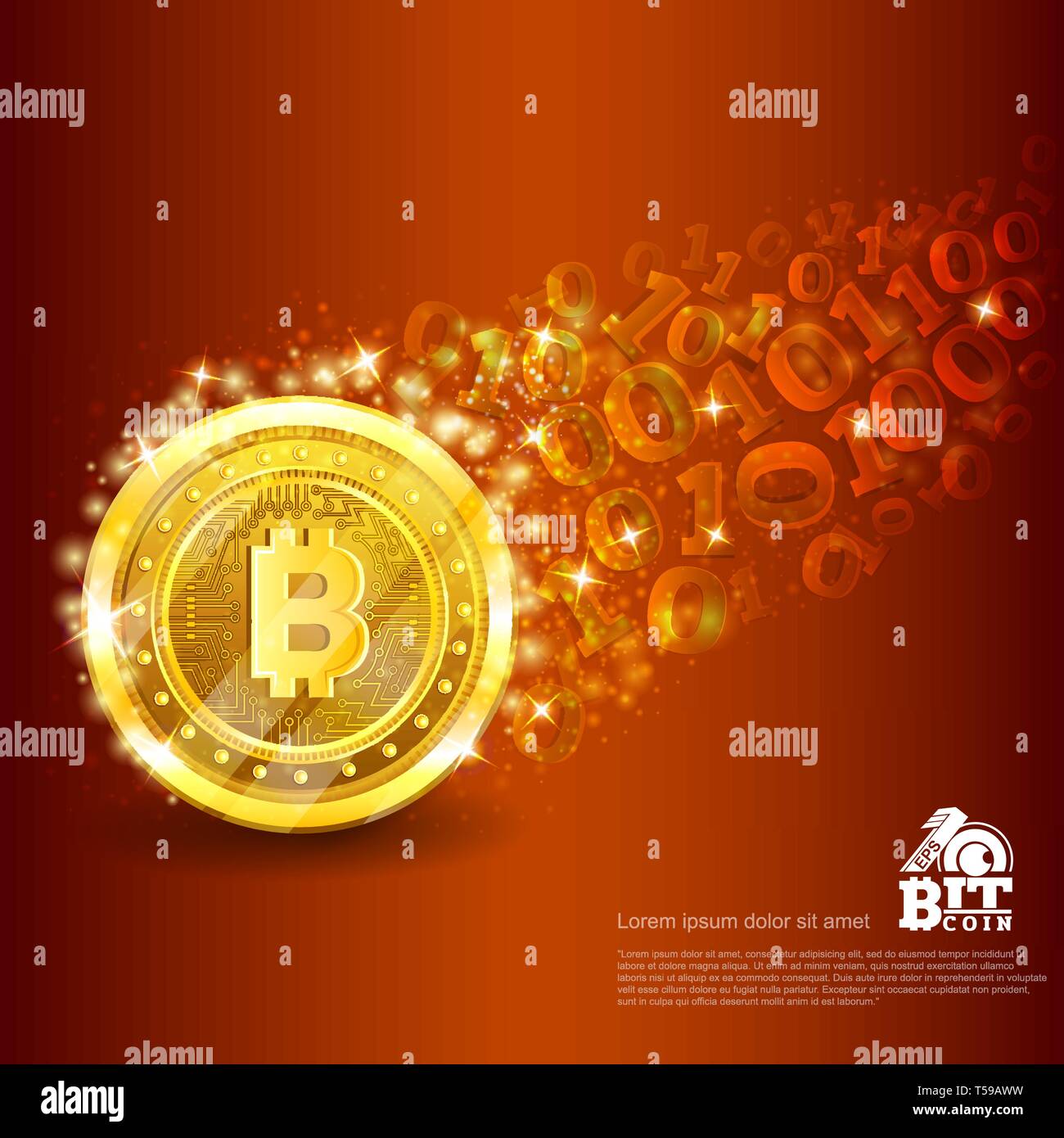 Golden bitcoin with trail from binary code on brown. Abstract vector glossy business background Stock Vector