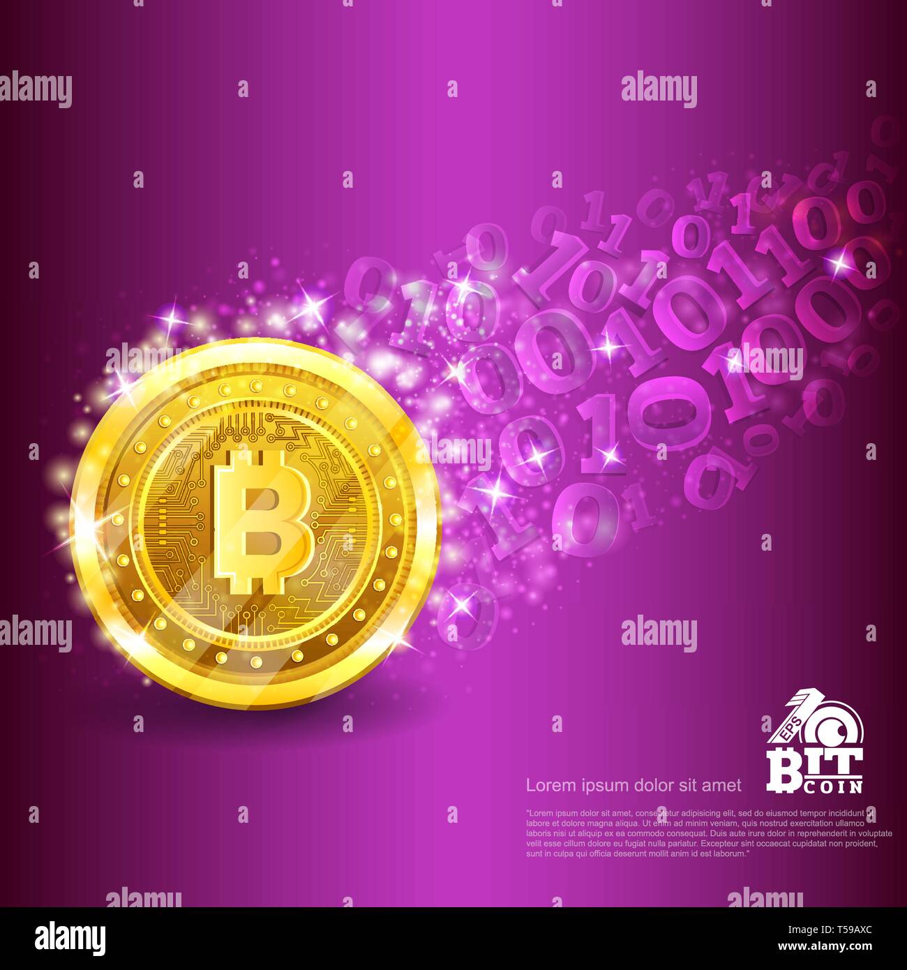 Golden bitcoin with trail from binary code on violet. Abstract vector glossy business background Stock Vector