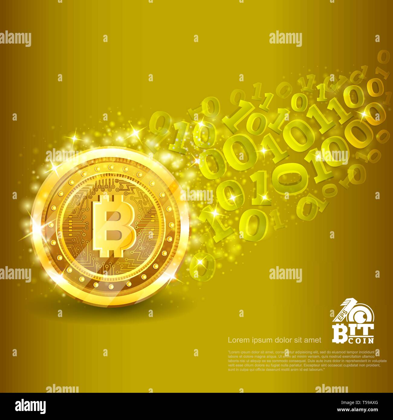 Golden bitcoin with trail from binary code on yellow. Abstract vector glossy business background Stock Vector