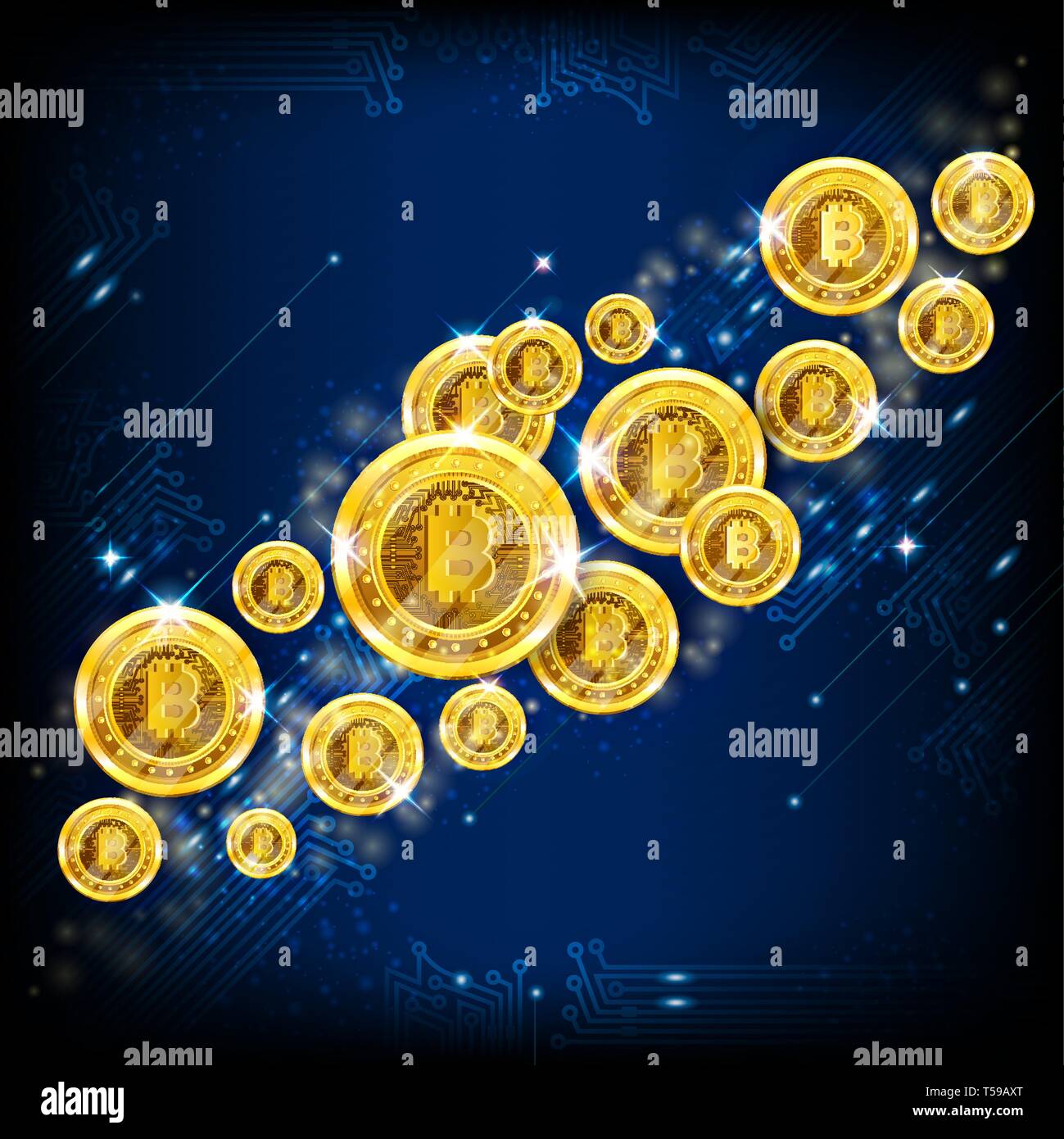 Golden bitcoins flying on blue square background Stock Vector