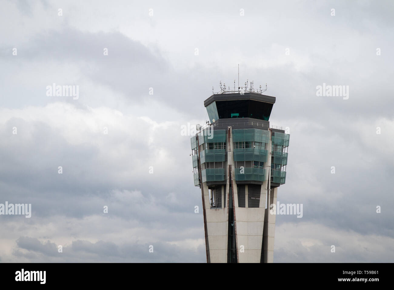 Airport control tower over cloudy sky. Santiago de Compostela airport, Spain Stock Photo