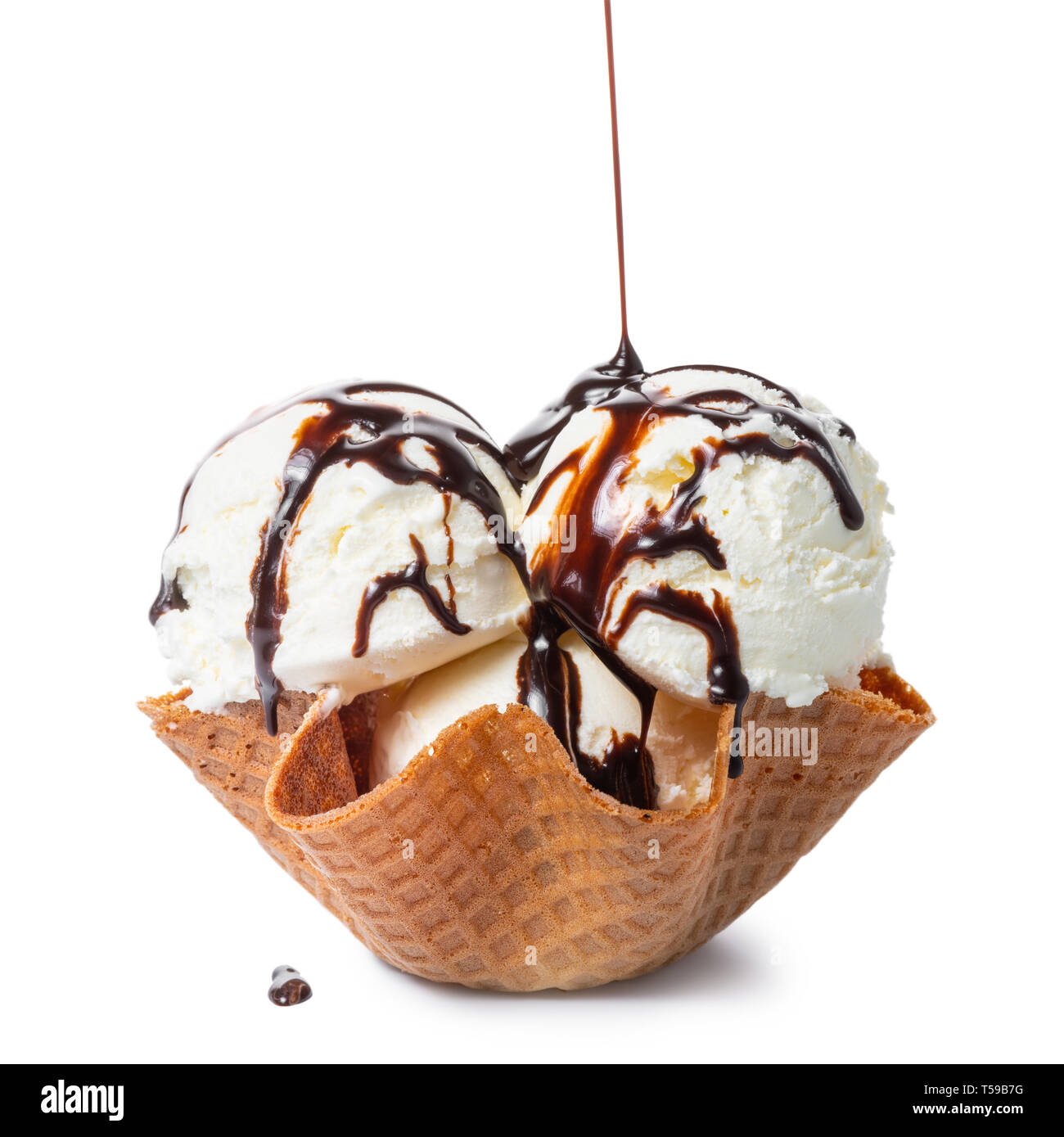 Scoops Vanilla Ice Cream Pouring Chocolate Glaze In Waffle Cone Bowl