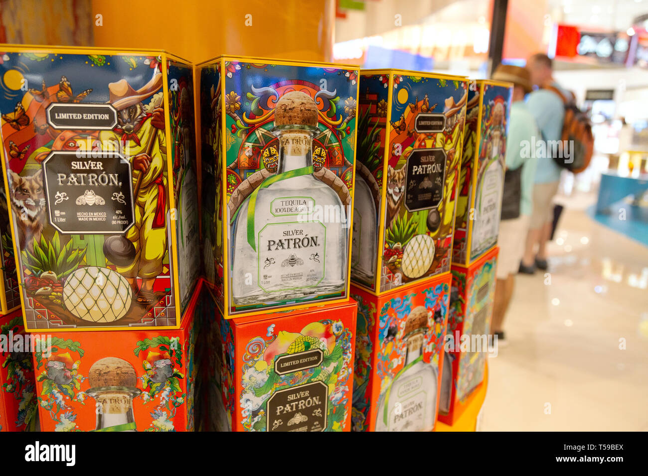 Silver Patron tequila for sale in the duty free shop, Cancun airport, Cancun, Mexico Stock Photo