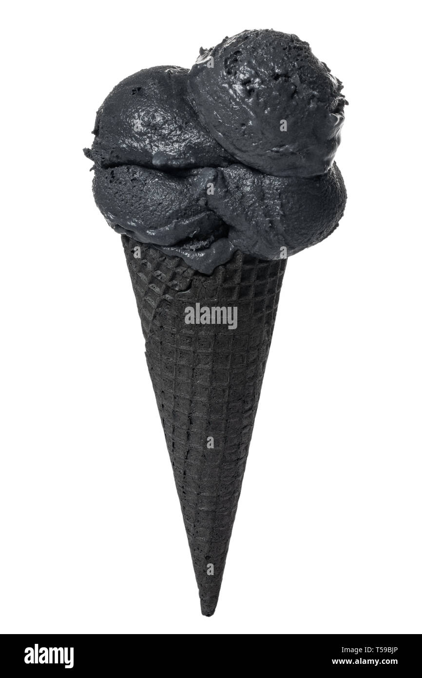 black cone, wafer cup with scoops of black ice cream is isolated on