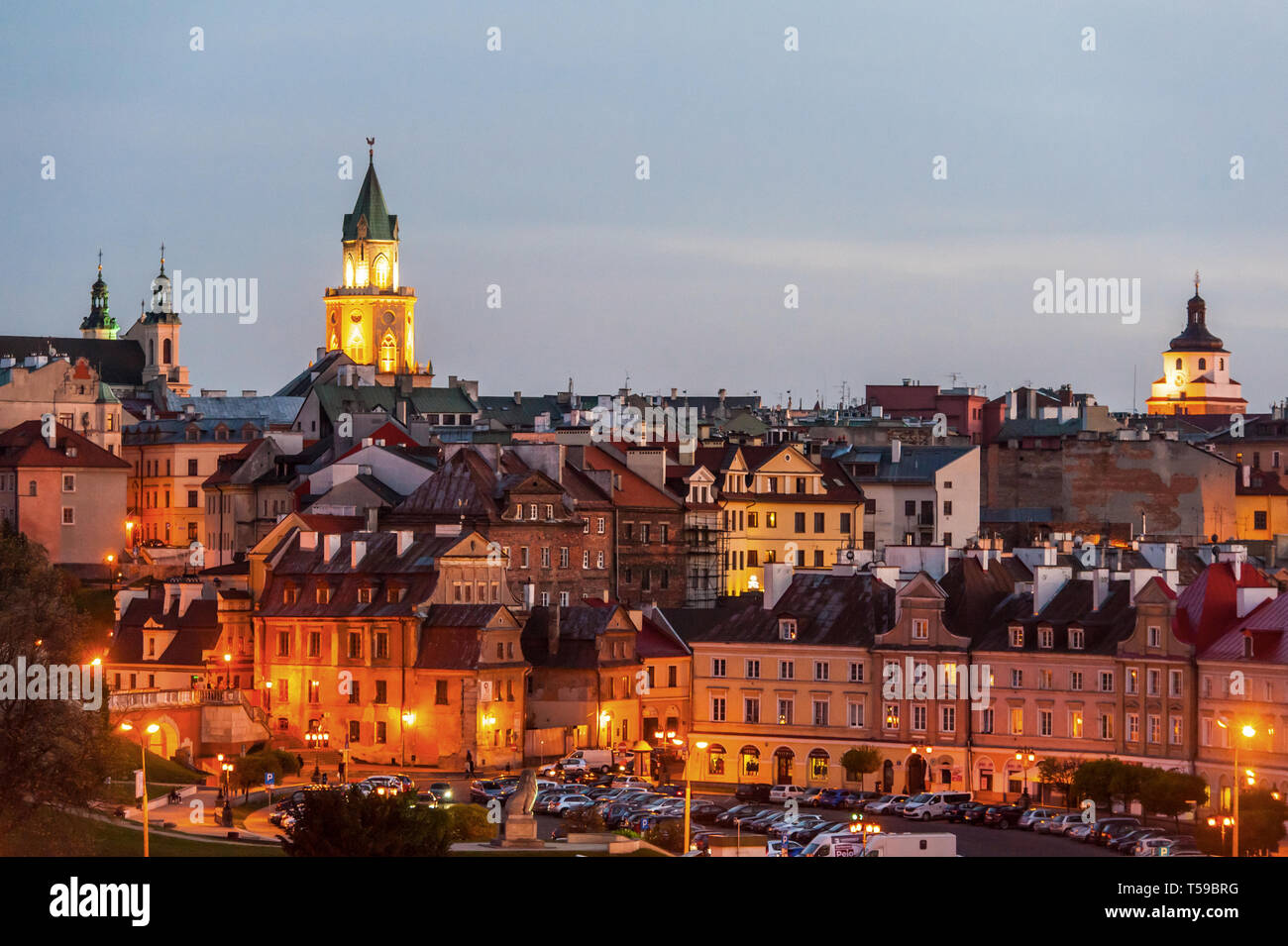 Lublin old town with towers at sunset Stock Photo