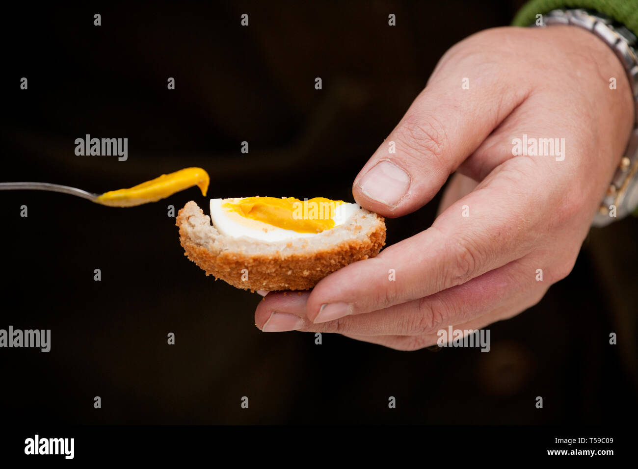 A man applying mustard to a section of a Scotch egg at lunchtime. England UK GB Stock Photo
