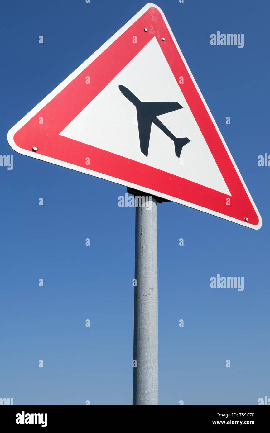 German road sign: low-flying aircraft Stock Photo