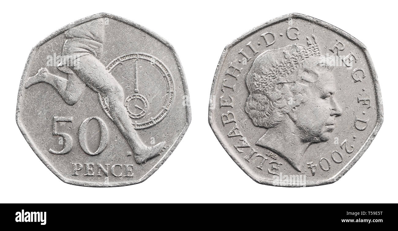 The front and back of a 2004 commemorative fifty pence piece coin for Roger Bannister and the four minute mile Stock Photo