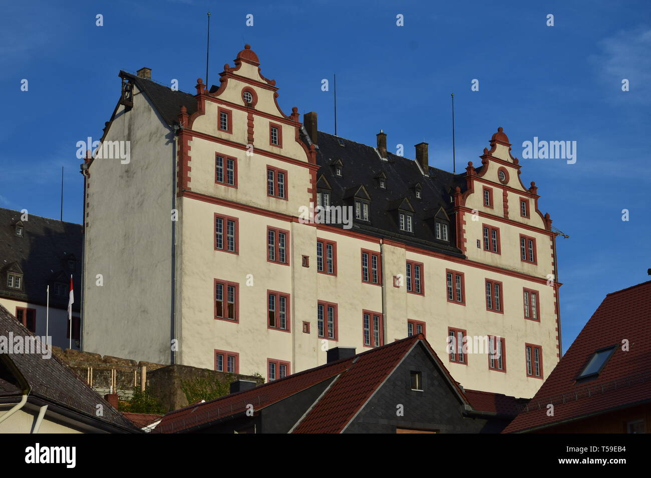 Lichtenberg Castle in the evening light. View from downtown. Fischbachtal, Odenwald, Germany. Stock Photo