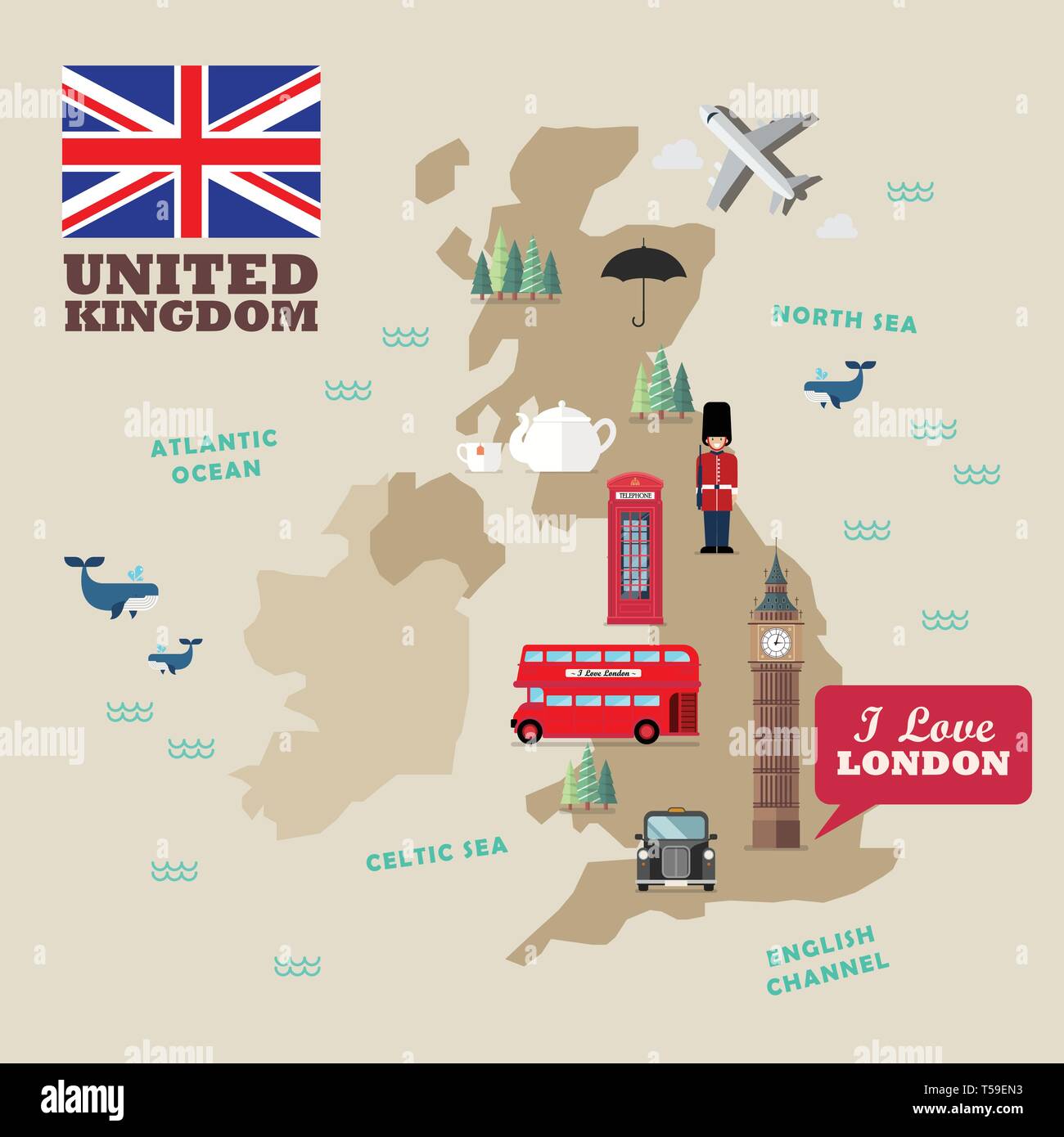 United kingdom national symbols with map. Vector illustration. Stock Vector