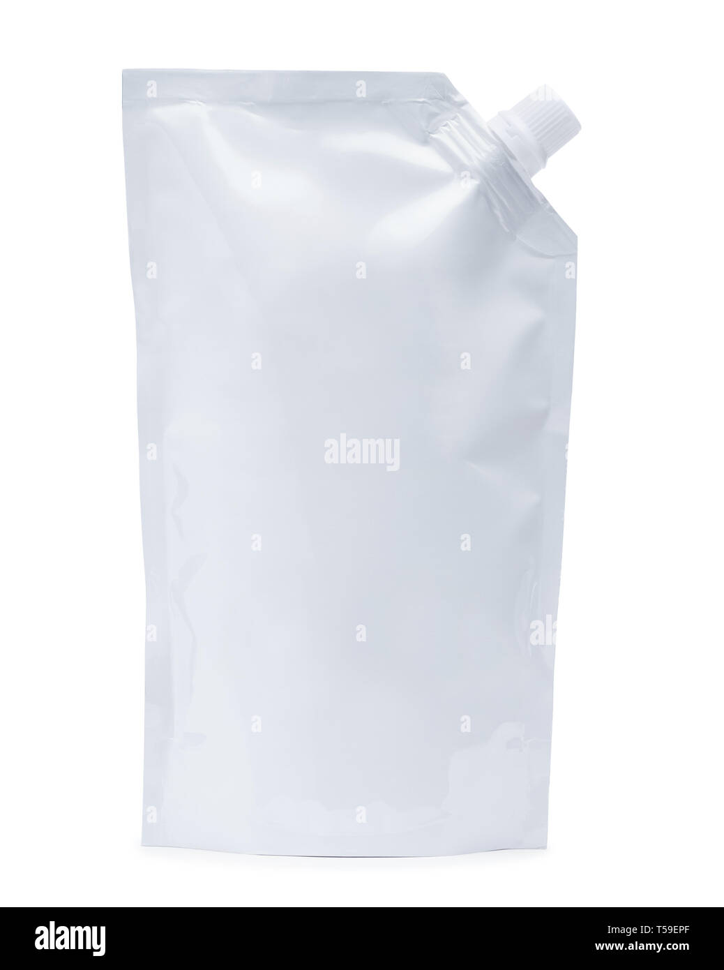 White plastic pouch stand up bag or doy-pack with a corner batcher lid. Isolated on a white background. Stock Photo