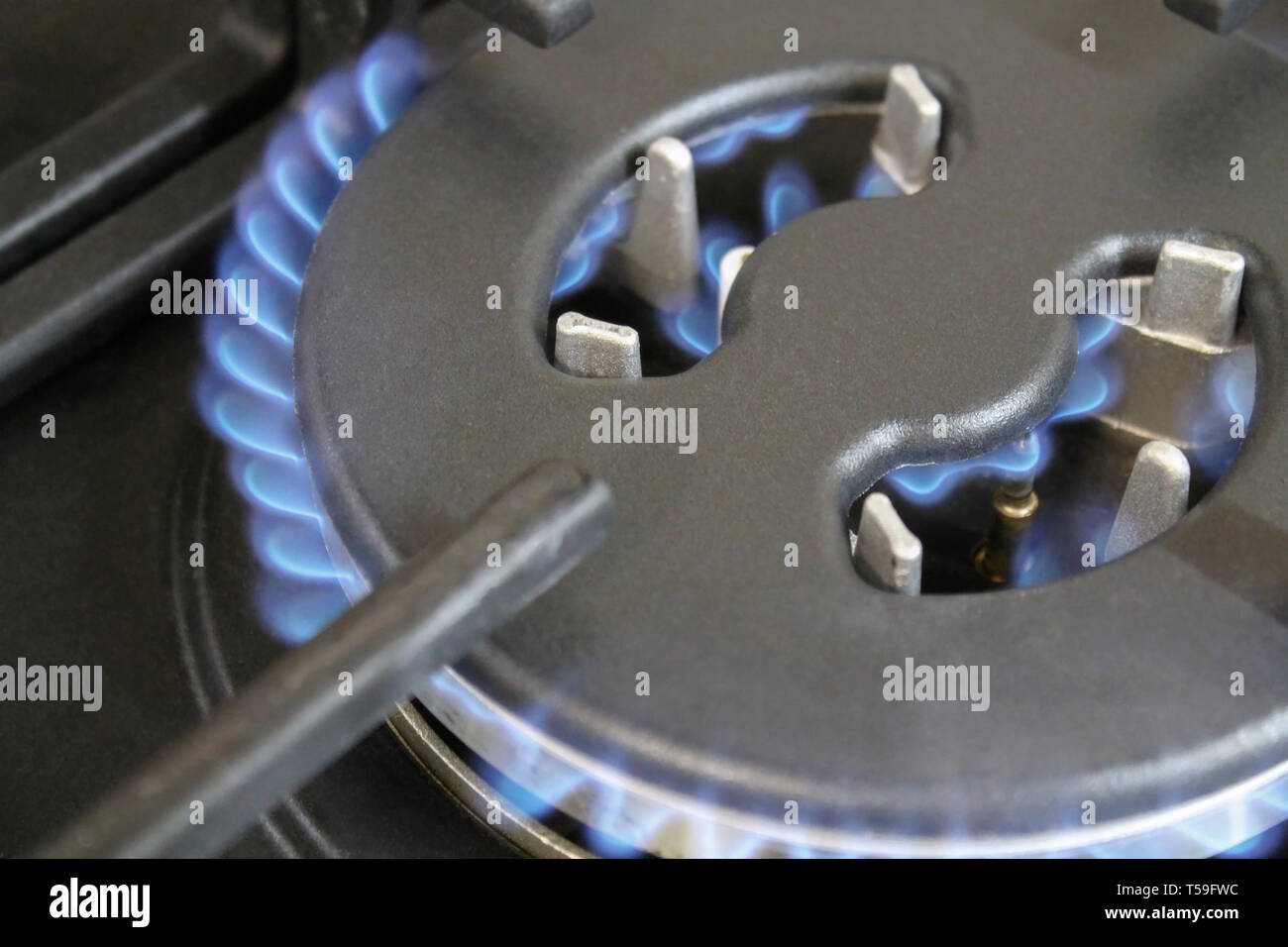 Burning blue flame gas burners cooktop closeup Stock Photo Alamy