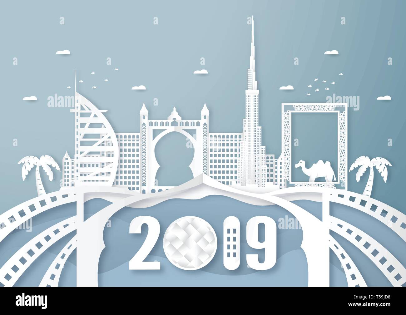 April 03, 2019: Top famous landmark and building of Dubai country for travel and tour. Vector illustration design in paper cut and craft style on blue Stock Vector