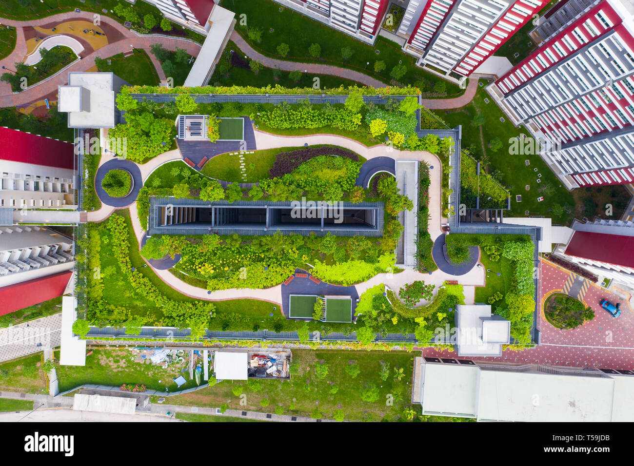 Aerial perspective of car park green roof in Singapore. Stock Photo