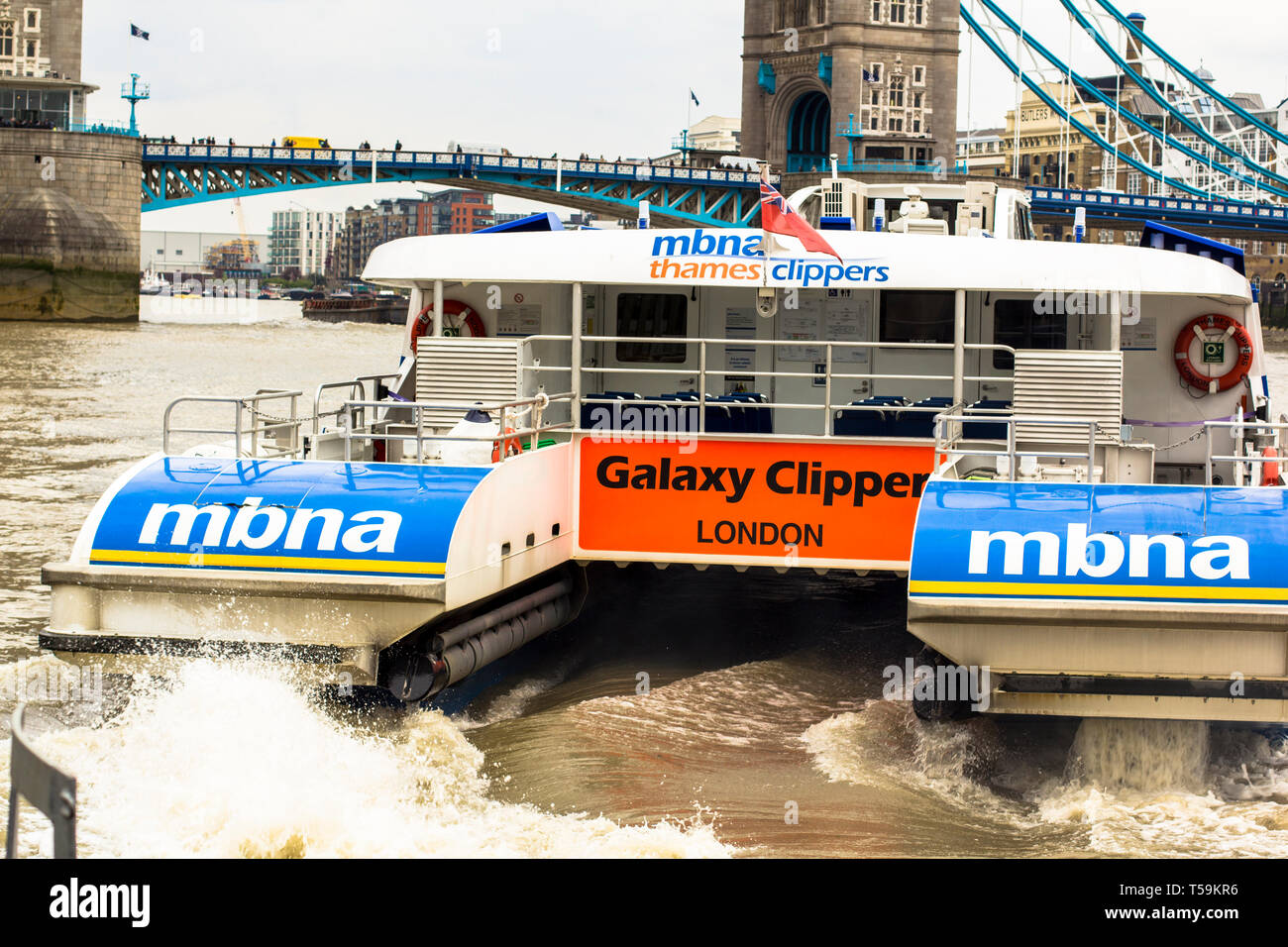 London, Great Britain. April 12, 2019 River Bus. A view of an MBNA Thames Clipper river bus on the Thames. Stock Photo