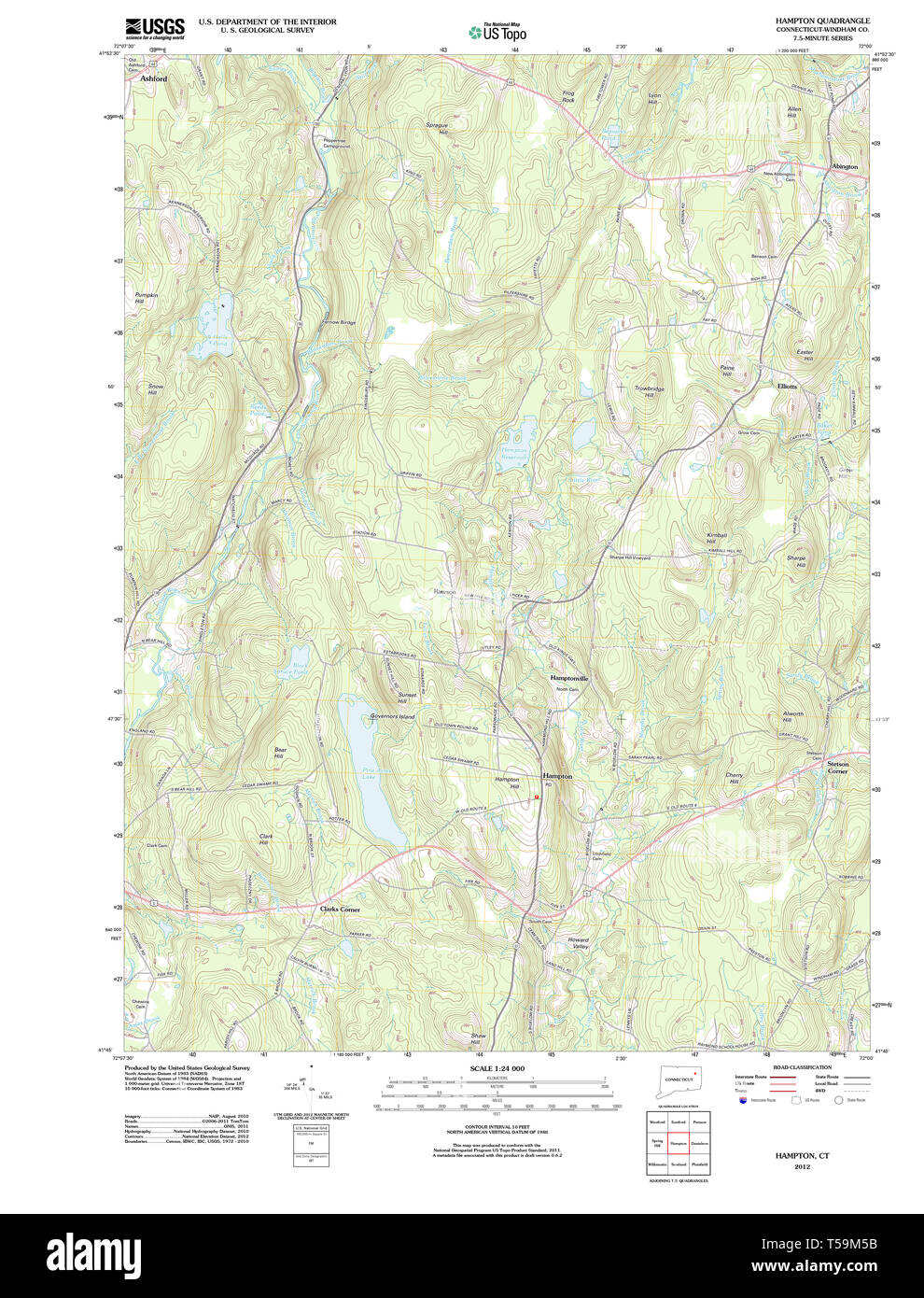 USGS TOPO Map Connecticut CT Hampton 20120523 TM Restoration Stock Photo