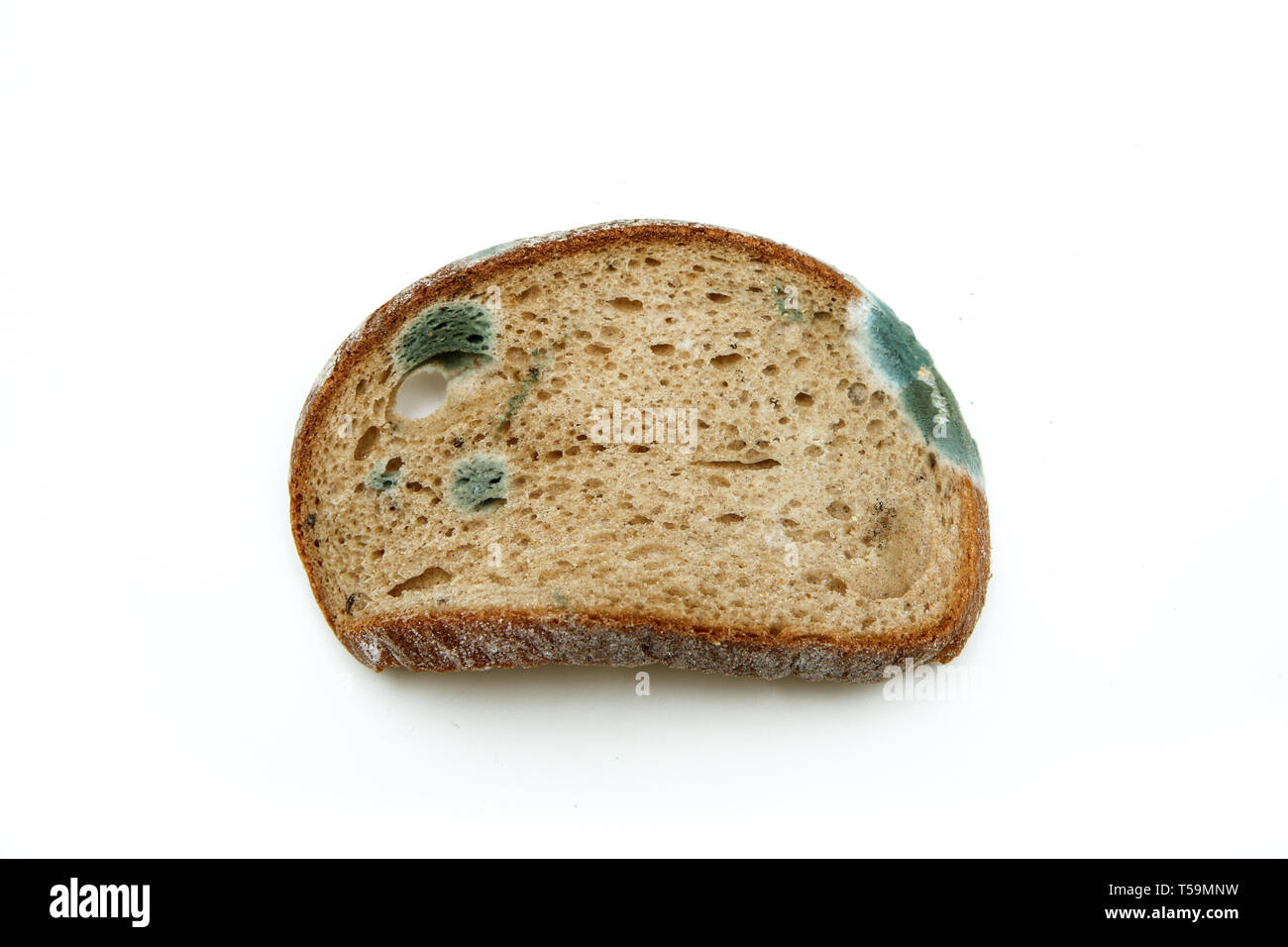 The picture of a mouldy bread. Rotten and uneatable. Isolated on white background. Stock Photo