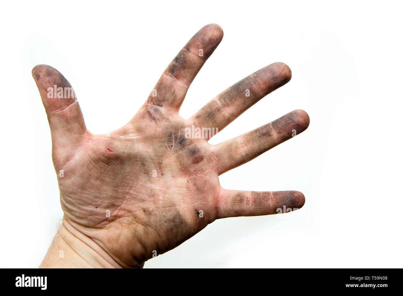A picture of dirty hands of a man, soiled by oil and  vaseline. Isolated on a white background. Stock Photo