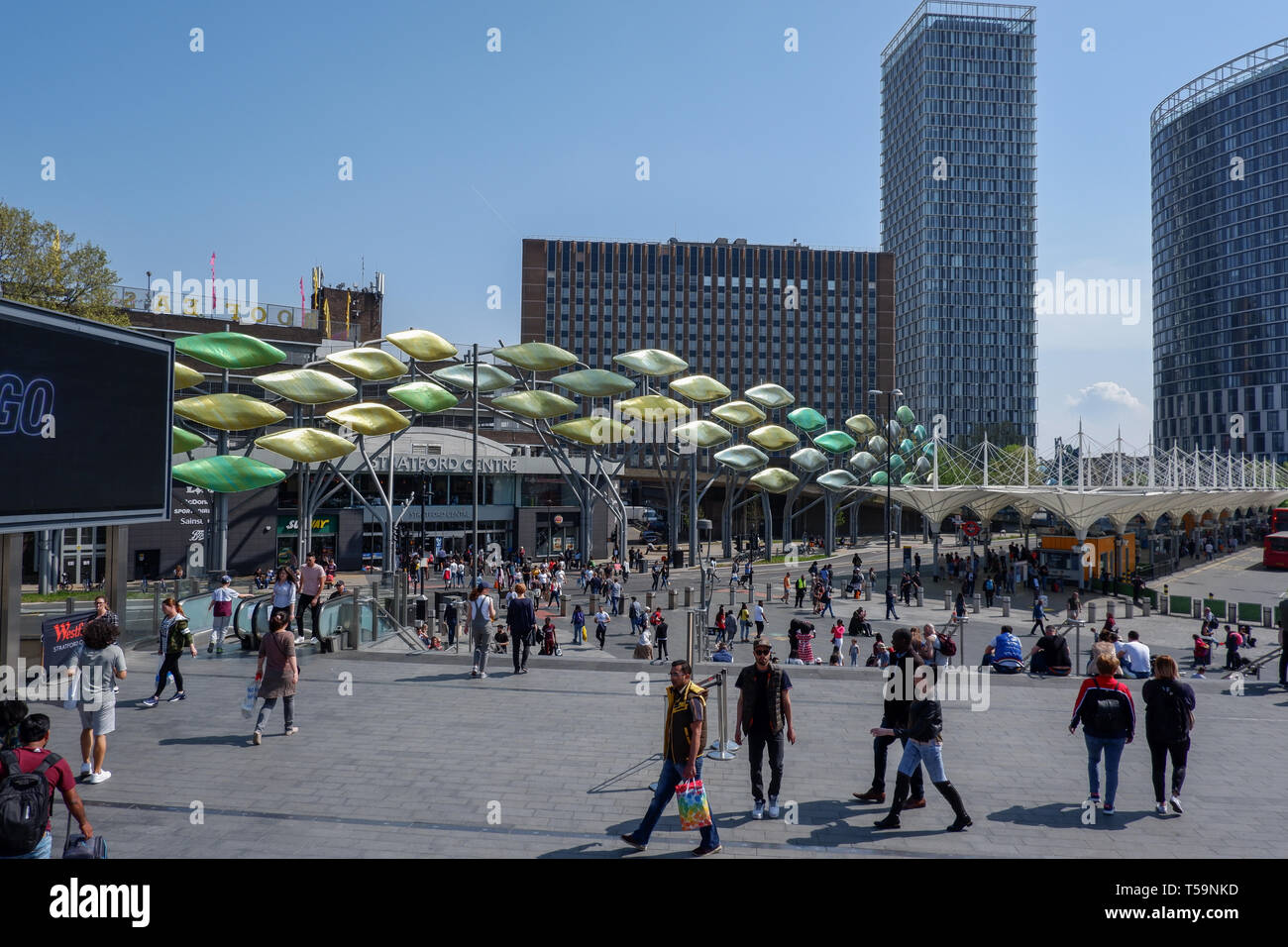 Stratford town centre, bus station  Shoal sculpture, and Stratford Shopping Centre .London, England  - April 2019 Stock Photo