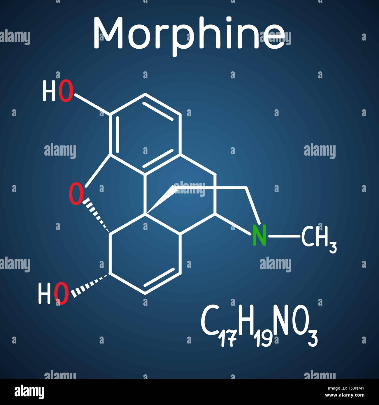 Morphine molecule. It is a pain medication of the opiate. Structural chemical formula and molecule model on the dark blue background. Vector illustrat Stock Vector