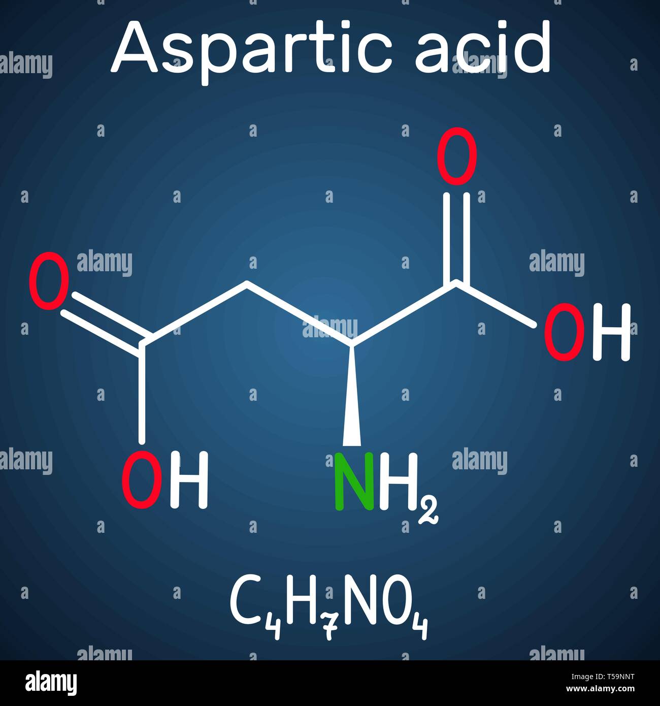 Aspartic acid (L- aspartic acid, Asp, D, aspartate) proteinogenic amino acid molecule.  Structural chemical formula on the dark blue background. Vecto Stock Vector