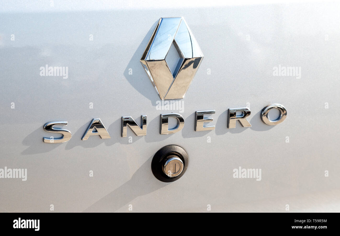 Samara, Russia - April 20, 2019: Renault Sandero logo on the car. Renault is a French automobile manufacturer Stock Photo