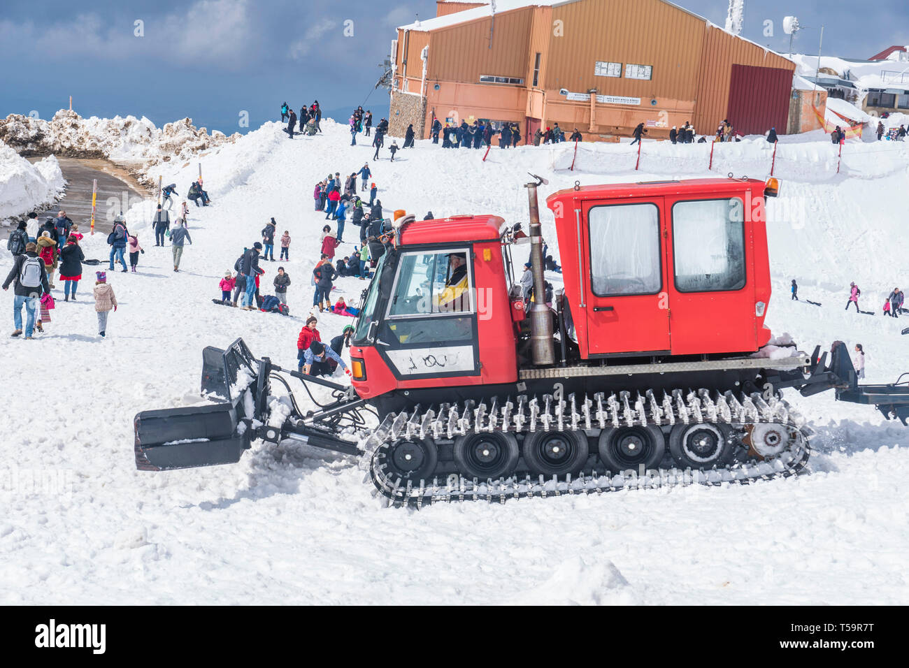Hermon Mountain, Israel. A Snowcat vehicle clears snow near a Ski Cabin. Many visitors around. Stock Photo