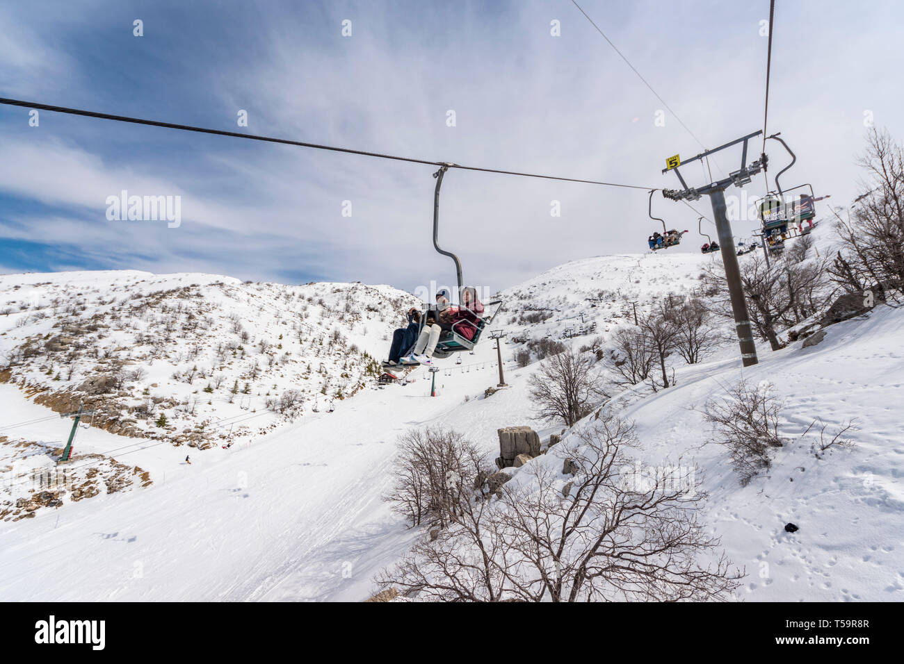 Hermon Mountain, Israel. People on the ski lift. Stock Photo