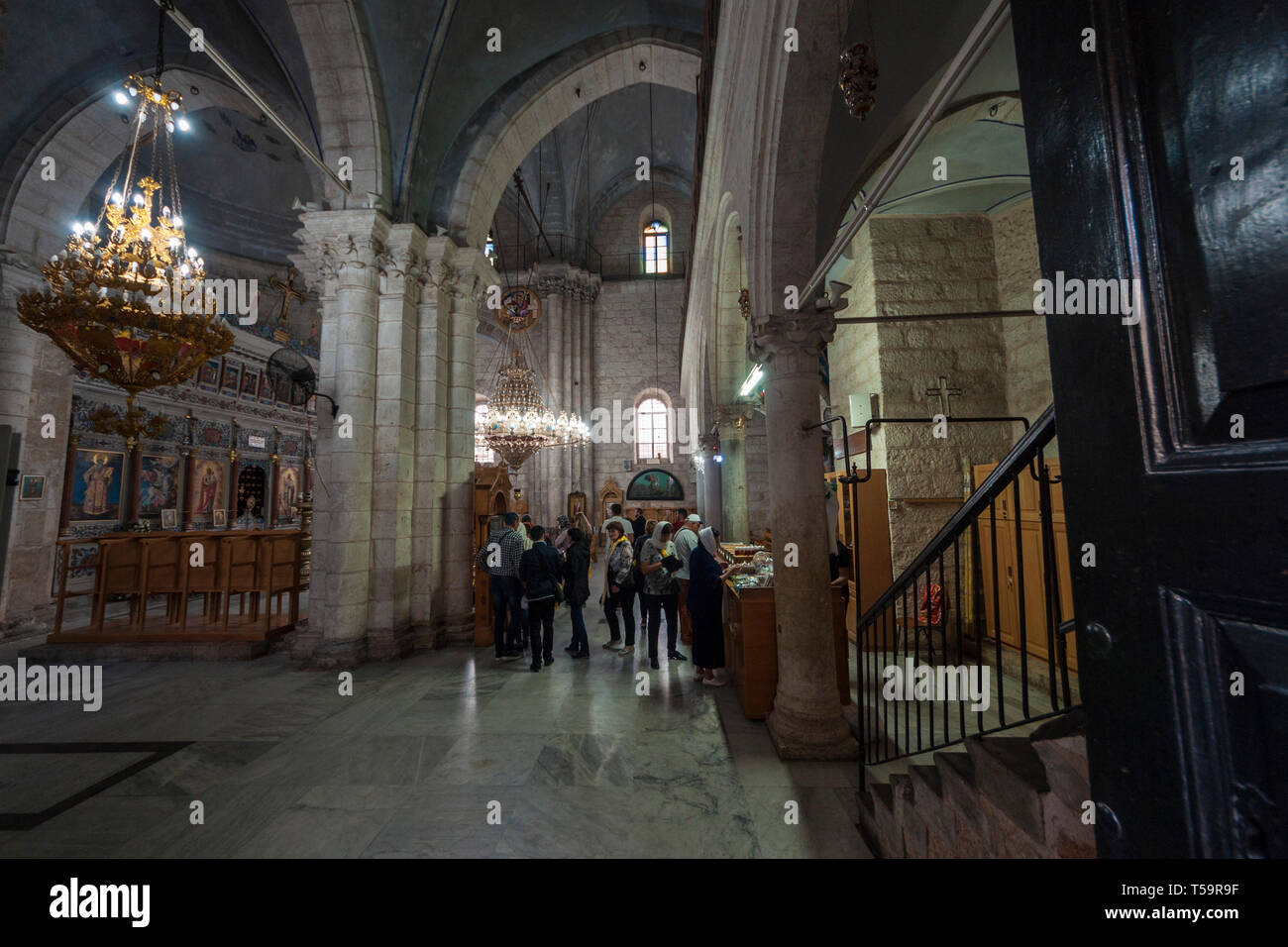Lod, Israel. Pilgrims at the Church of St. George the Dragon Slayer Stock Photo