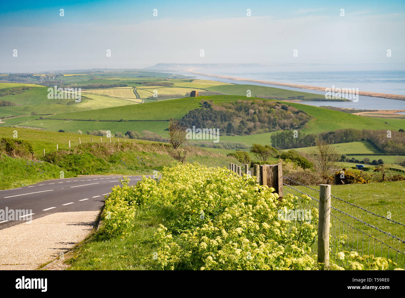 B3158 near Abbotsbury, Dorset, UK, with Chesil beach and Abbotsbury