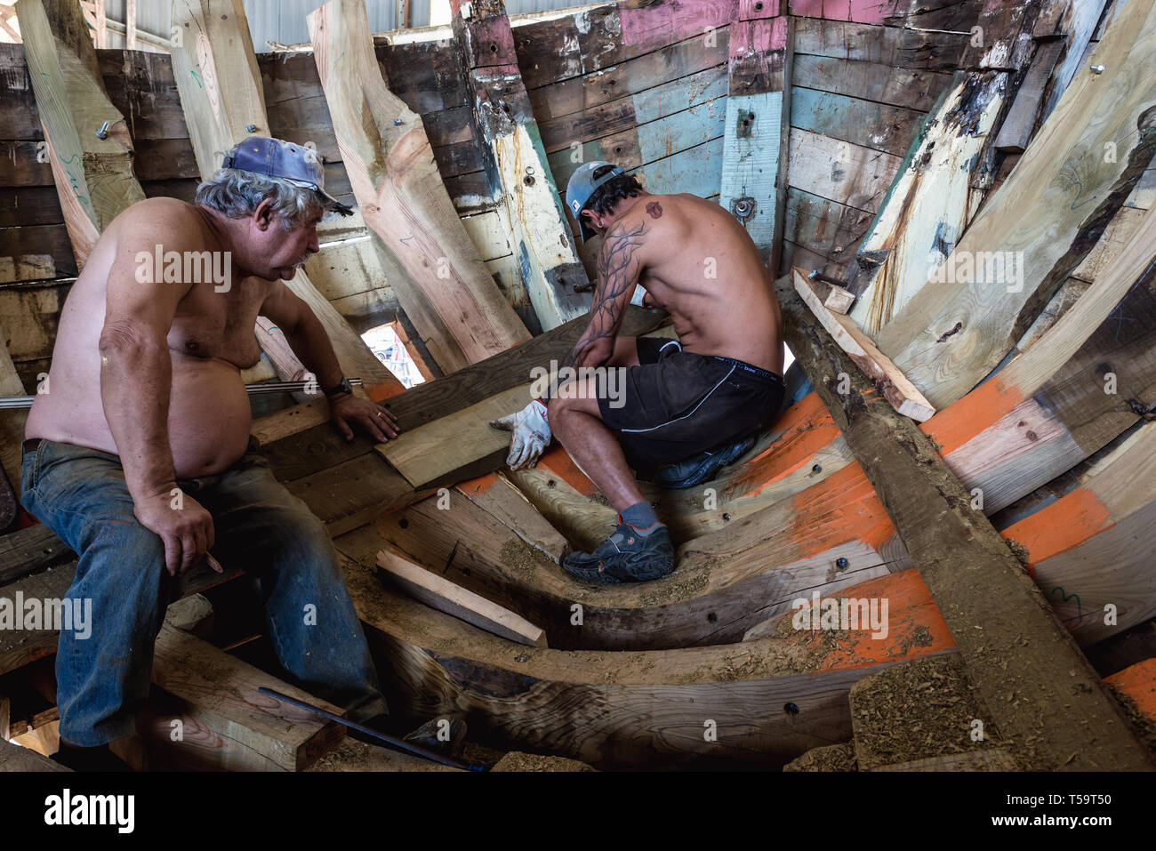 A shipyard in which traditional Tagus River boats are constructed and repaired in Sarilhos Pequenos village in Moita municipality, Portugal Stock Photo