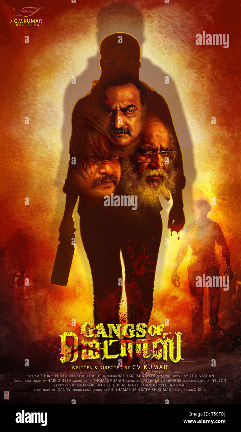 GANGS OF MADRAS, Indian poster in Tamil and English, heads from left:  Bagavathi Perumal, Aadukalam Naren, Velu Prabhakaran; silhouette in center:  Sai Priyanka Ruth, 2019. TM & copyright © Fox STAR Studios.
