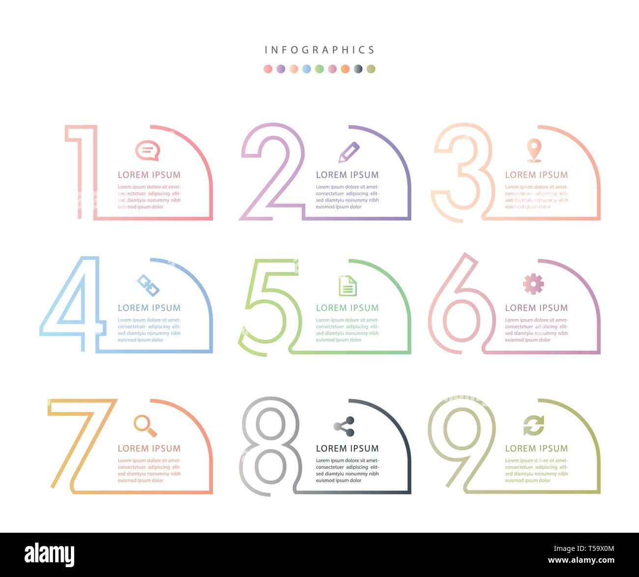 Vector infographic design UI template colorful gradient 9 number labels ...