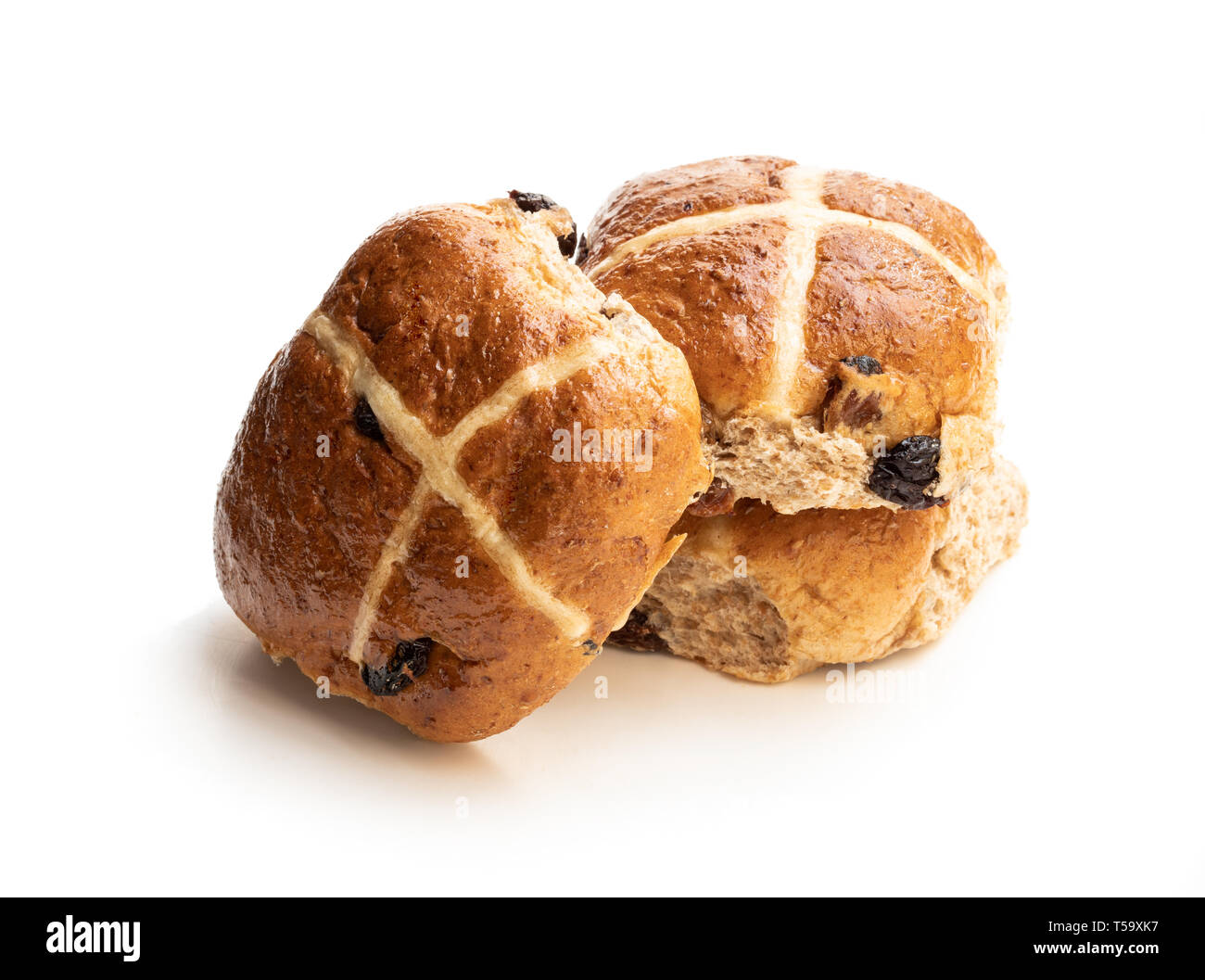 Easter  cross buns with sultanas isolated on white background Stock Photo