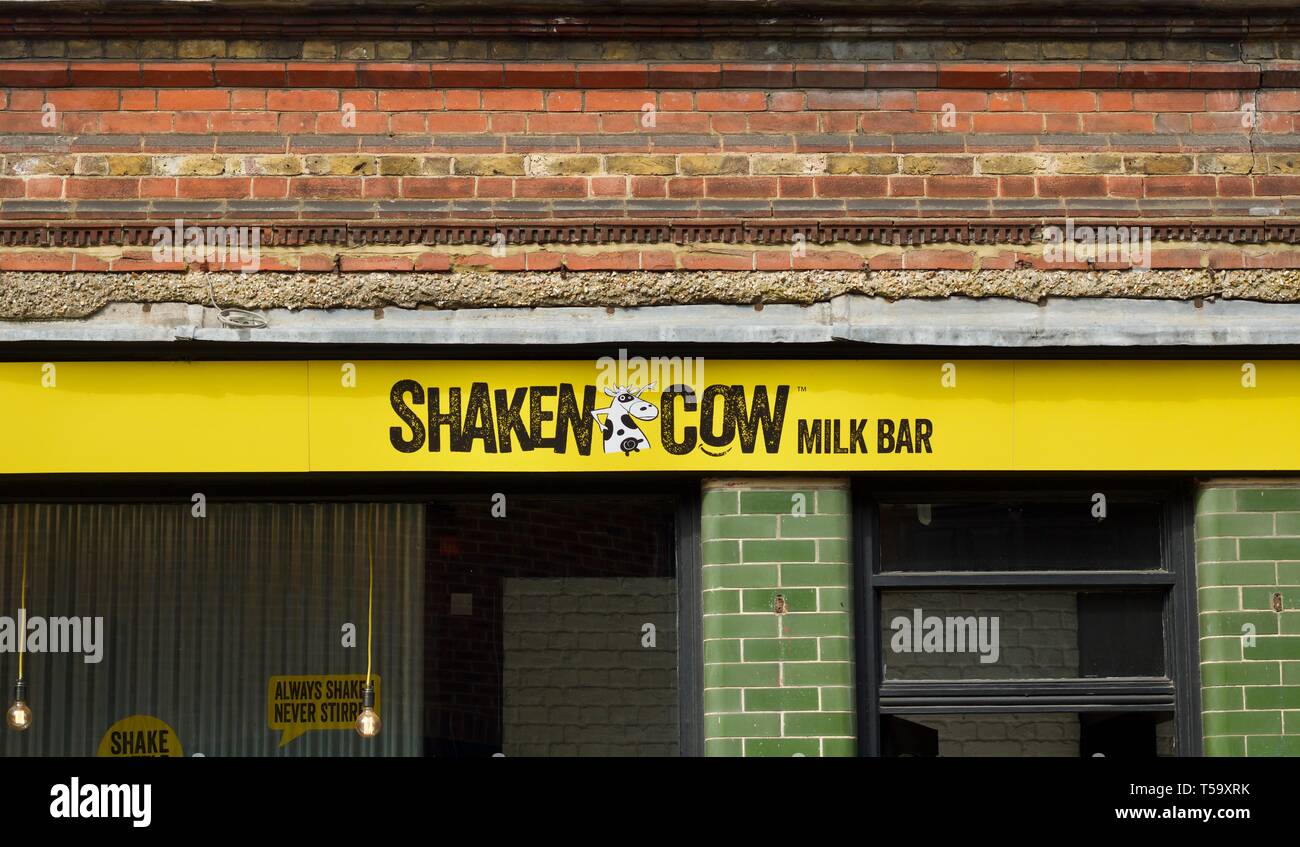 Shopfront of cafe called Shaken Cow Stock Photo