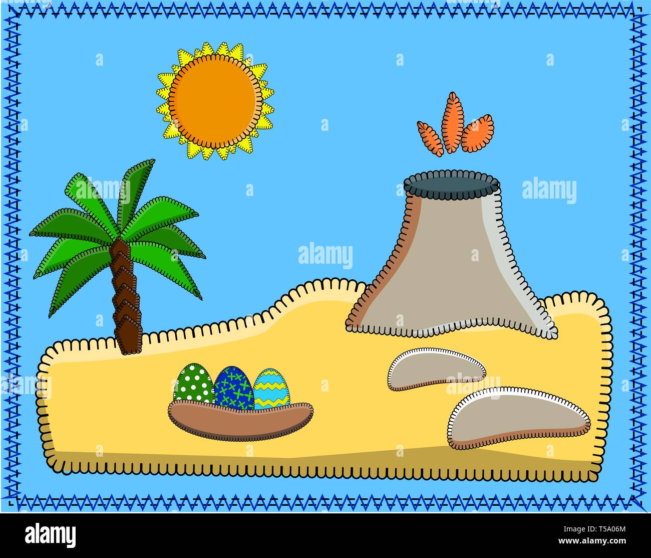 Landscape with the island of dinosaurs. Volcano, palm trees, sand, stones, sun, dinosaur eggs. Vector illustration in stitch style. For educational ga Stock Vector