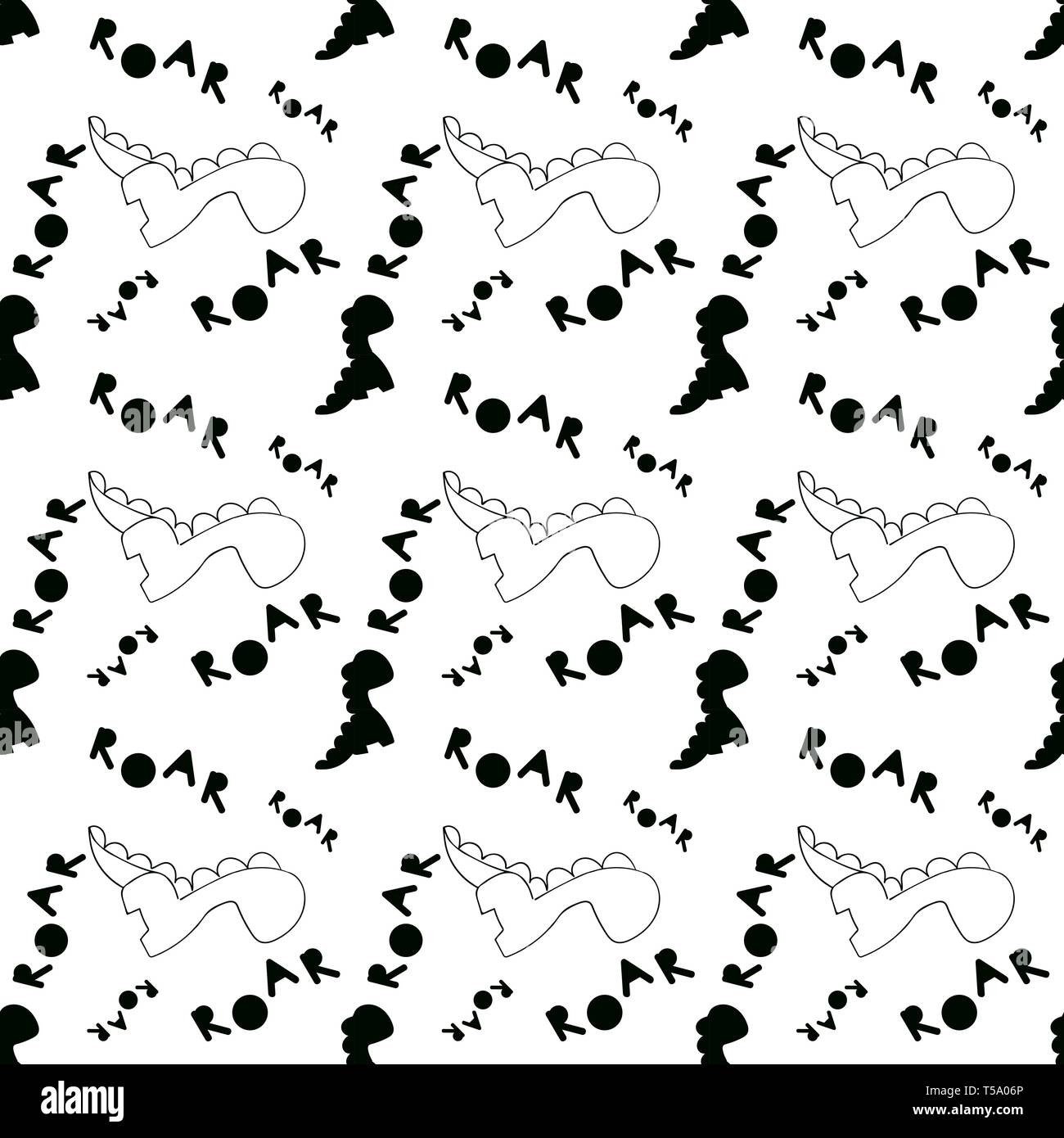 Monochrome Dino pattern. Black and white seamless tile with contour dinosaurs and letter in scandinavian style. Vector Dino print textile, fabric. Ill Stock Vector
