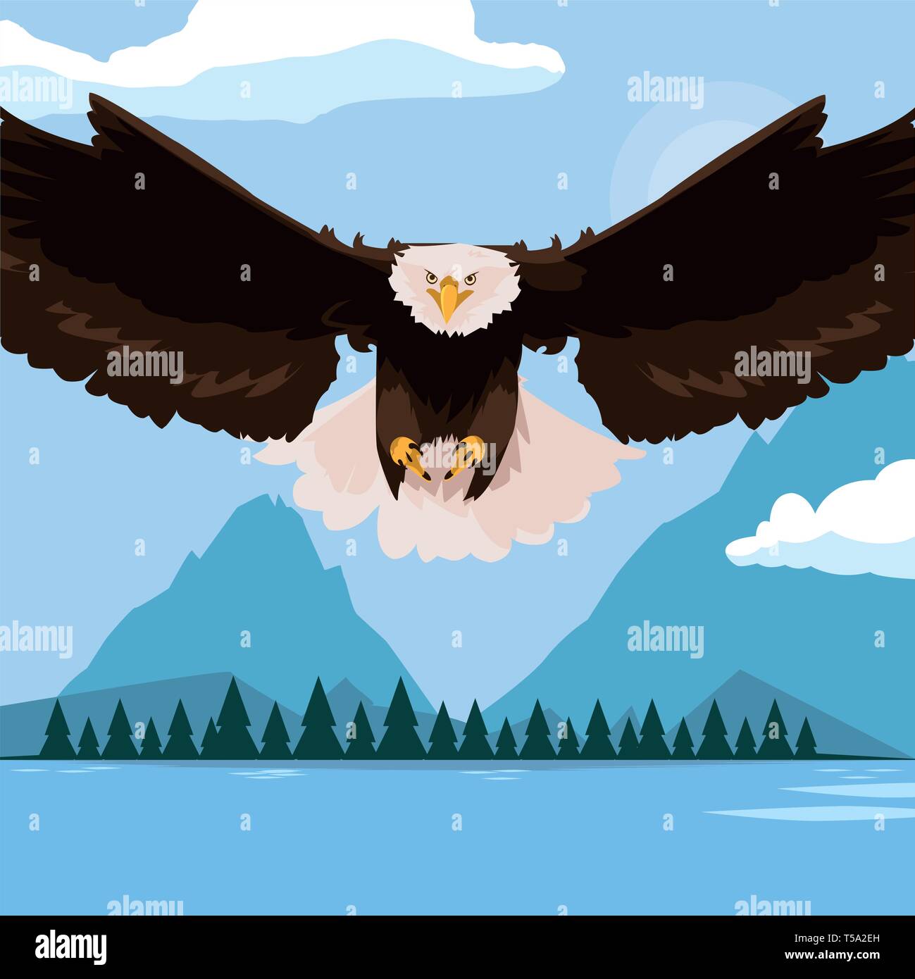 beautiful bald eagle flying in the lake scene vector illustration ...