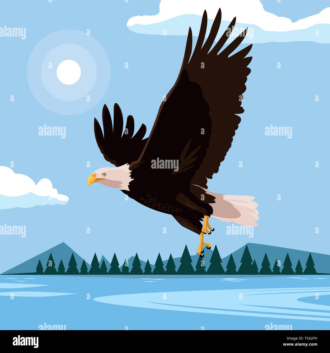 beautiful bald eagle flying in the lake scene vector illustration ...