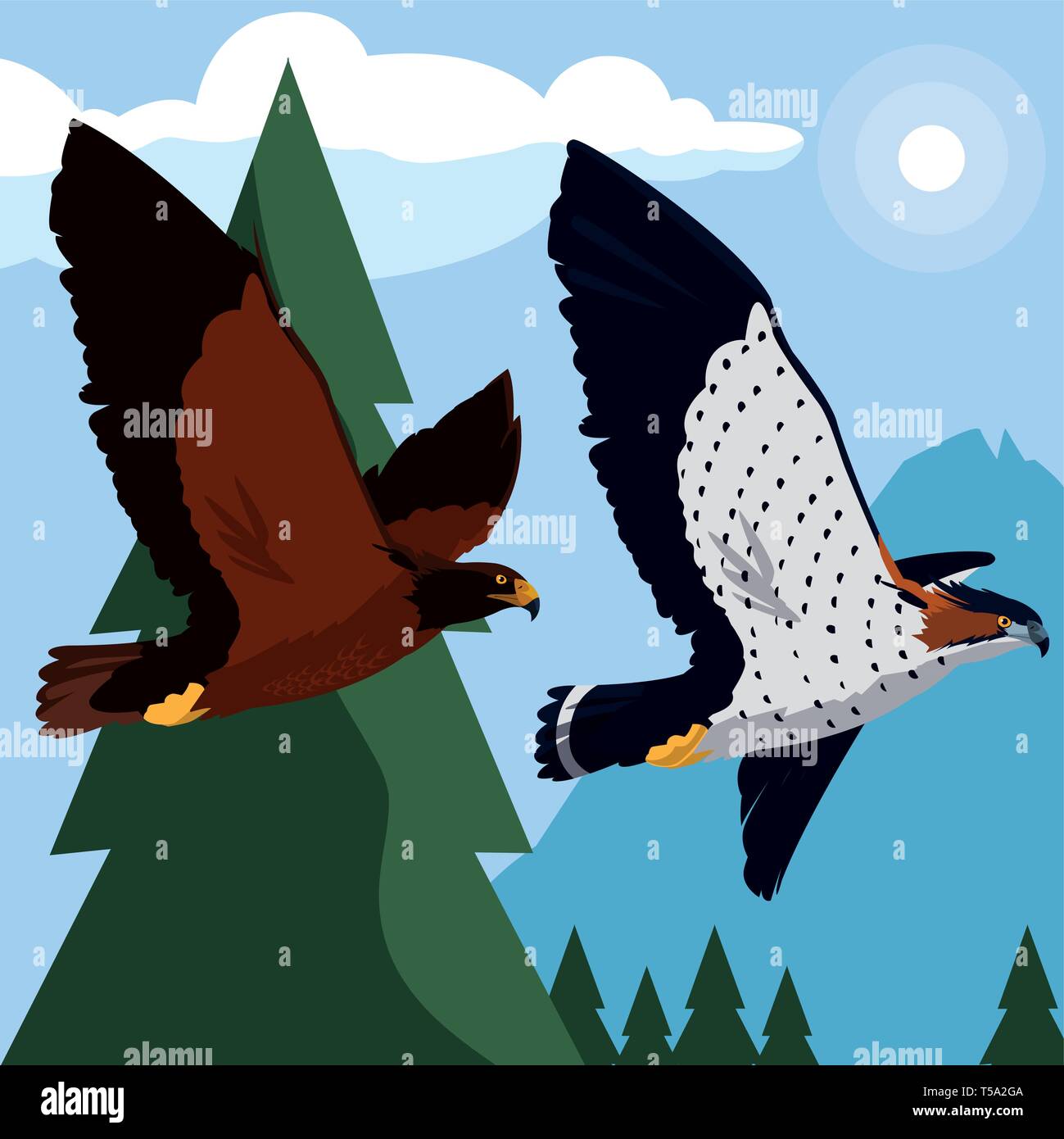 beautiful eagle and hawk flying in the landscape vector illustration design Stock Vector
