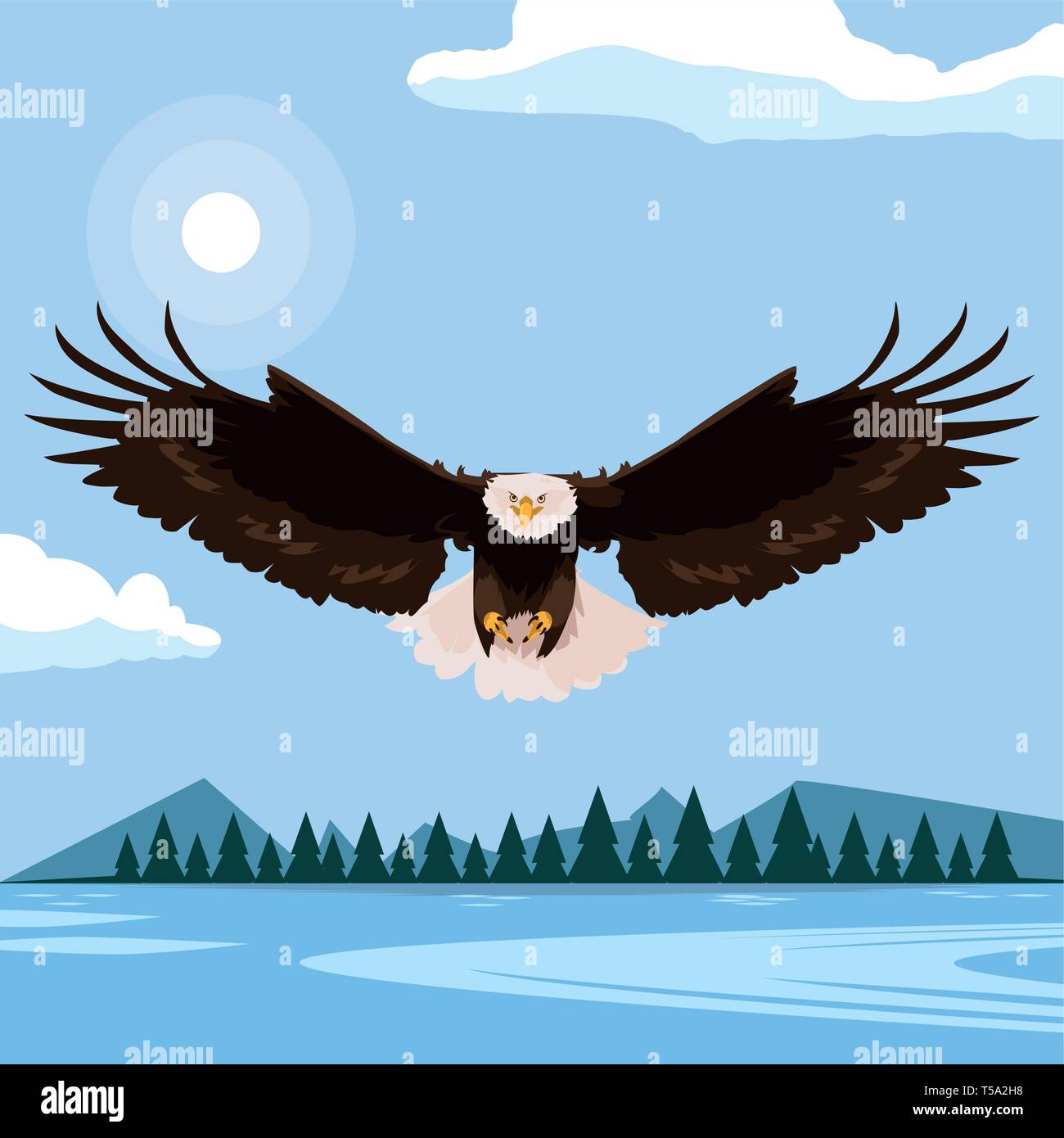 beautiful bald eagle flying in the lake scene vector illustration ...