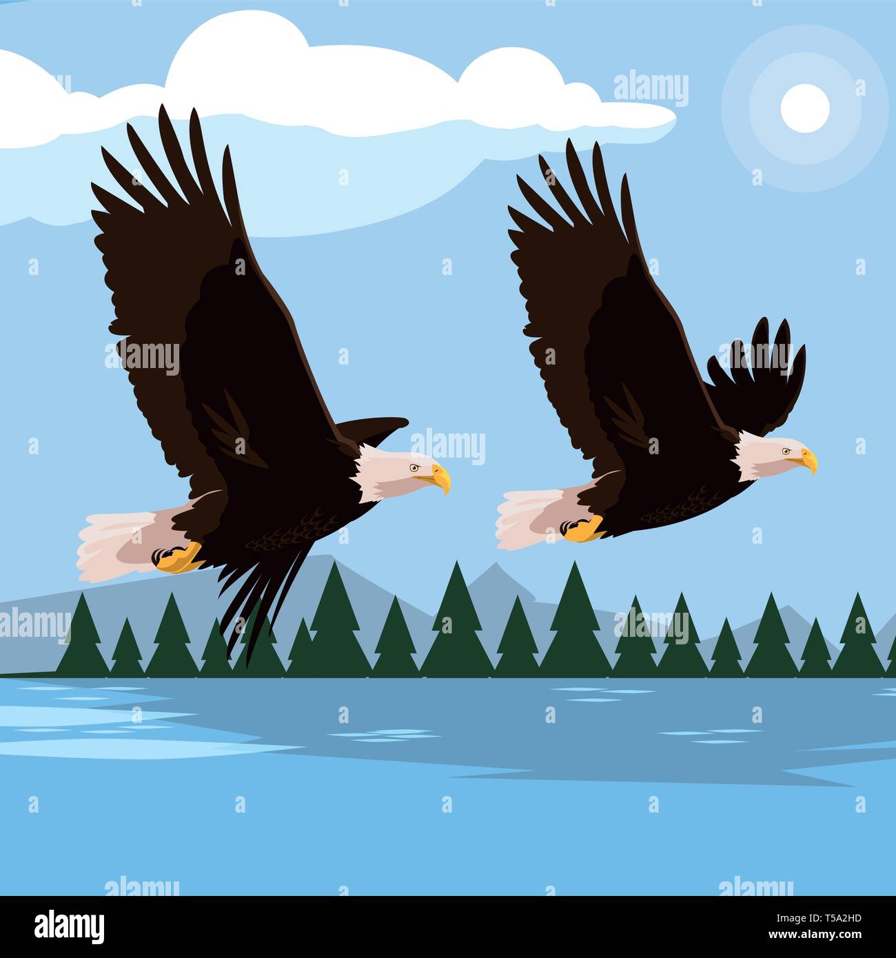beautiful bald eagles flying in the lake scene vector illustration design Stock Vector