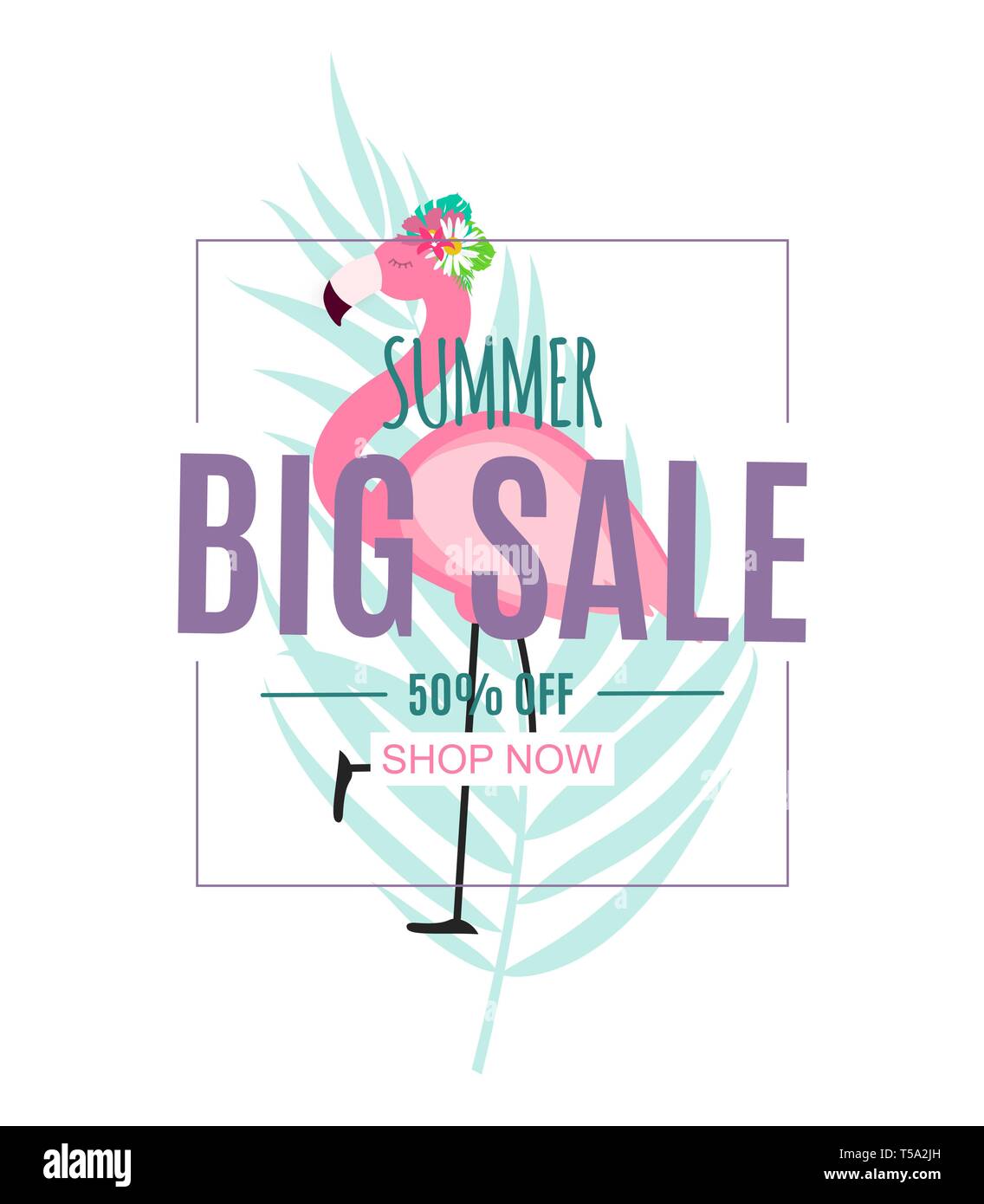 Abstract Summer Sale Background with Palm Leaves and Flamingo. Vector ...